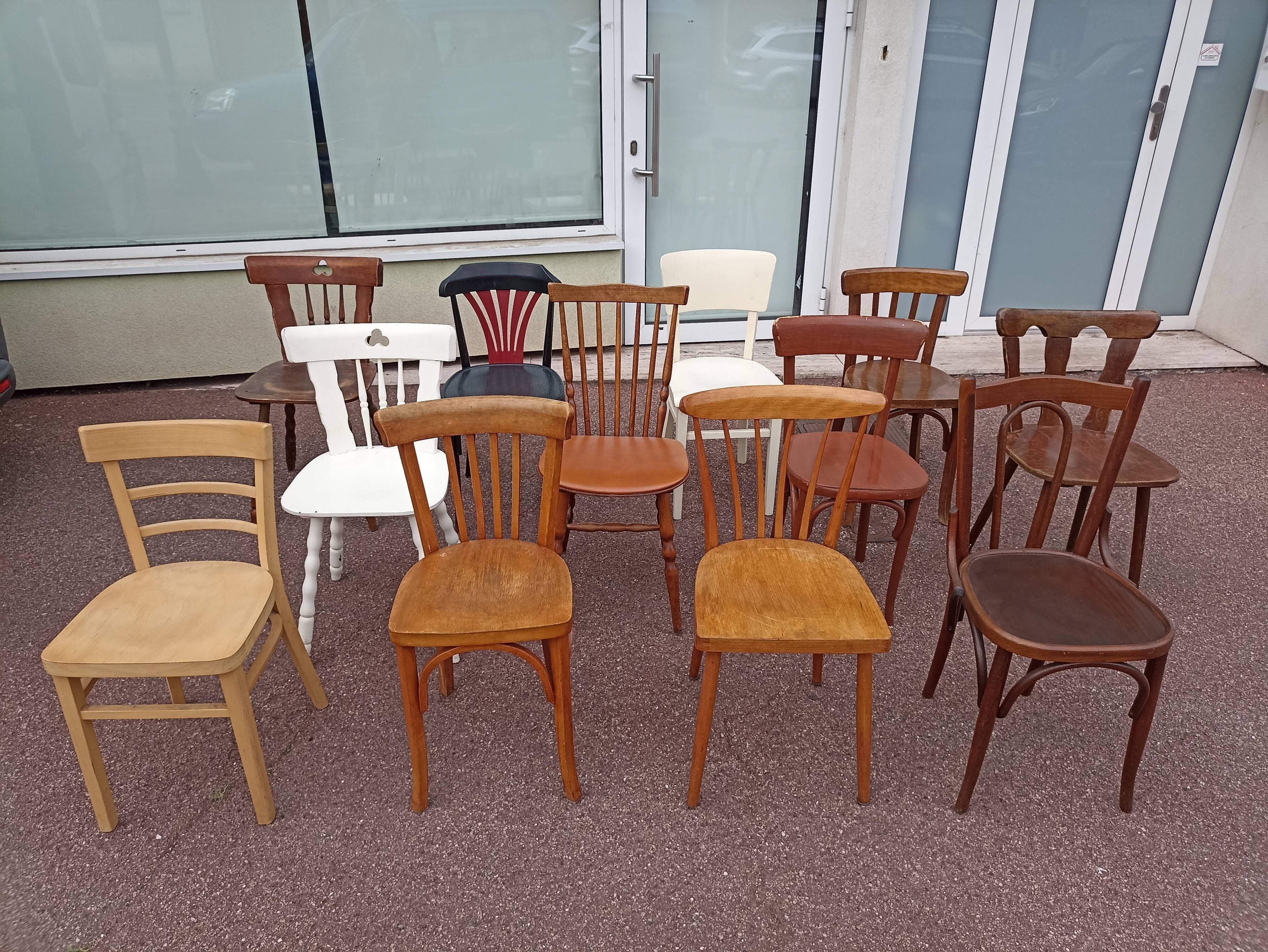 Set of 12 mismatched wooden bistro chairs - vintage