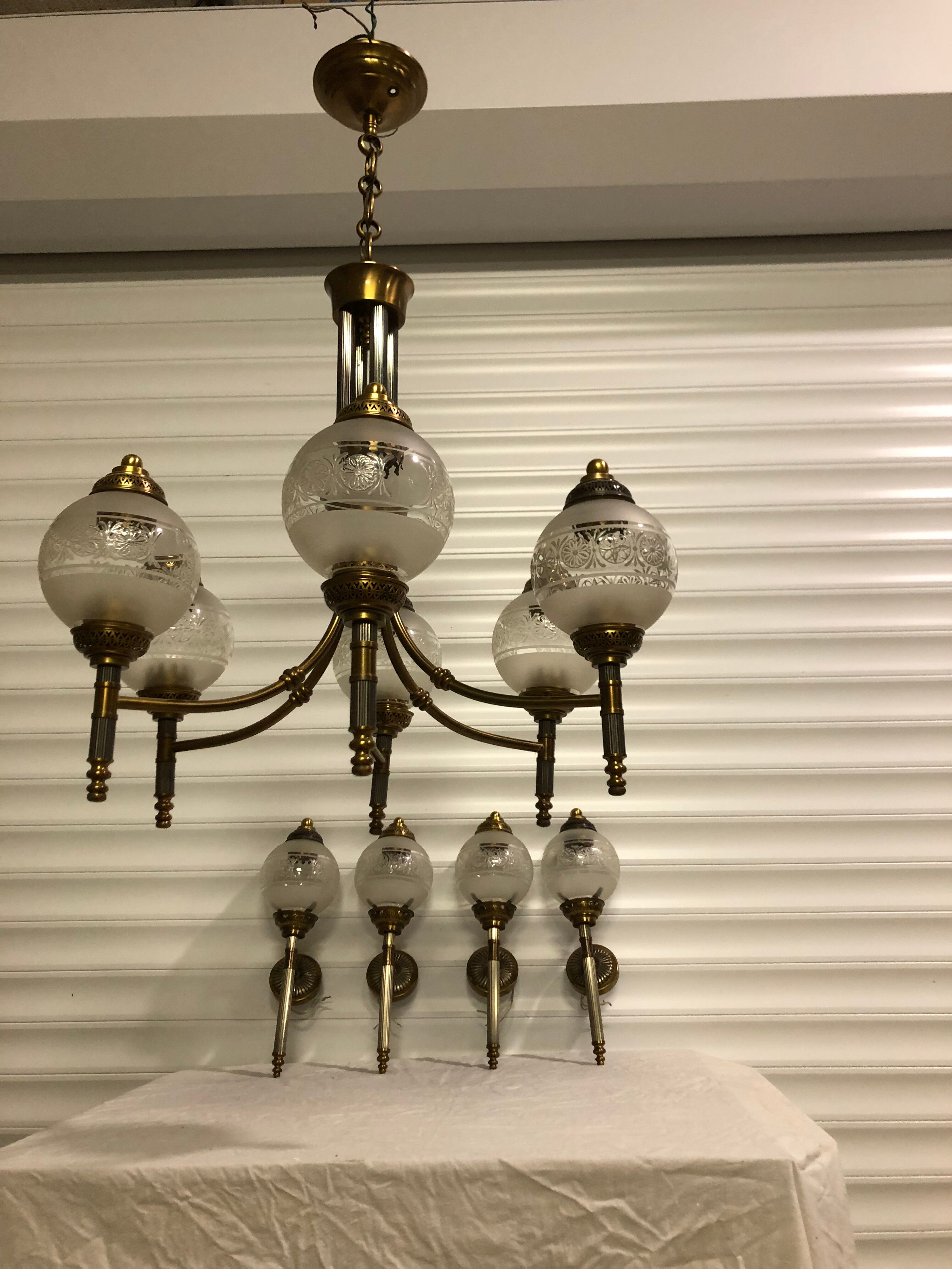Glass and brass suspension and its vintage sconces