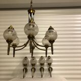 Glass and brass suspension and its vintage sconces