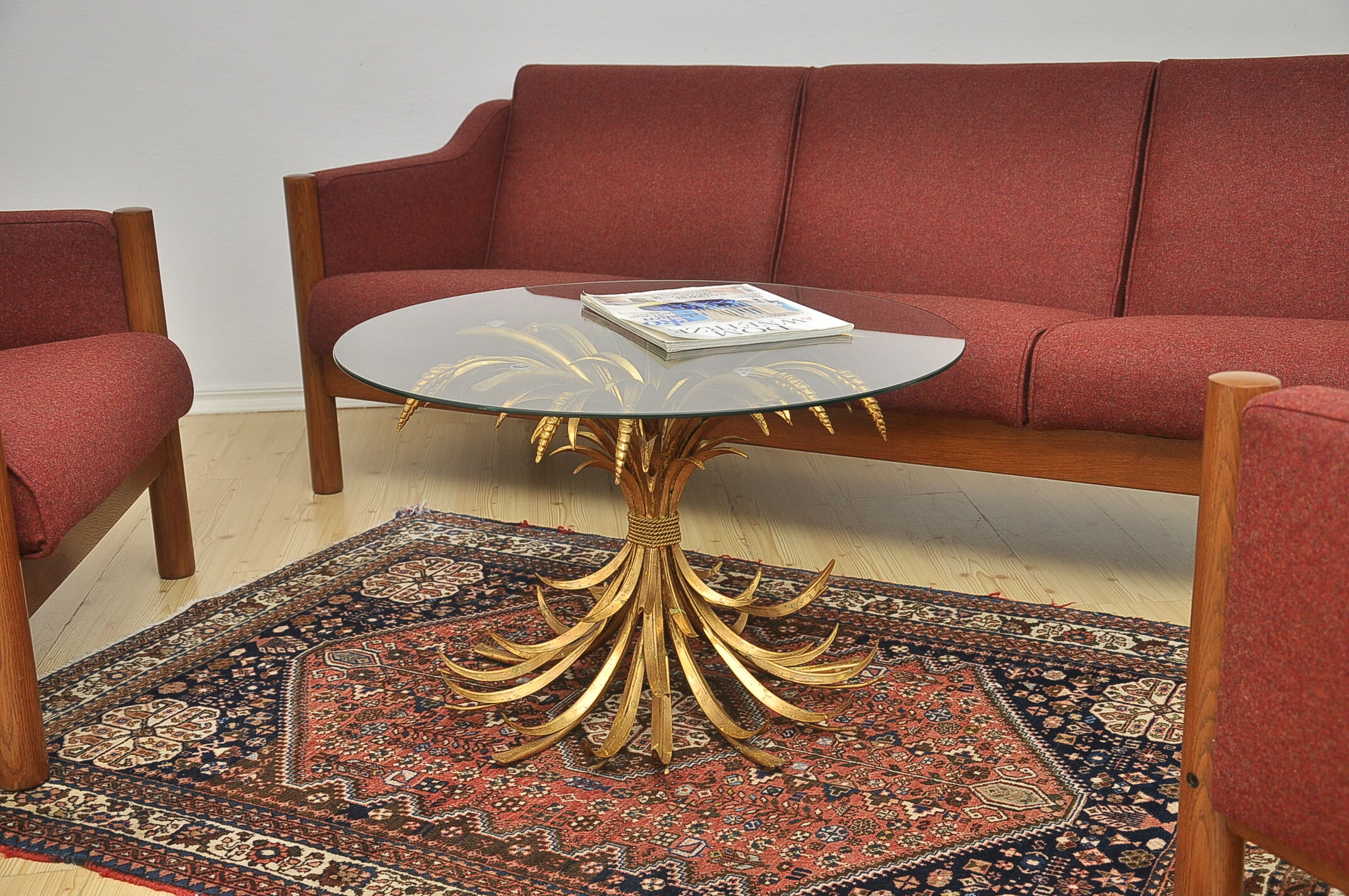 Hollywood Regency Coffee Table with Golden Wheat Frame, 1970s