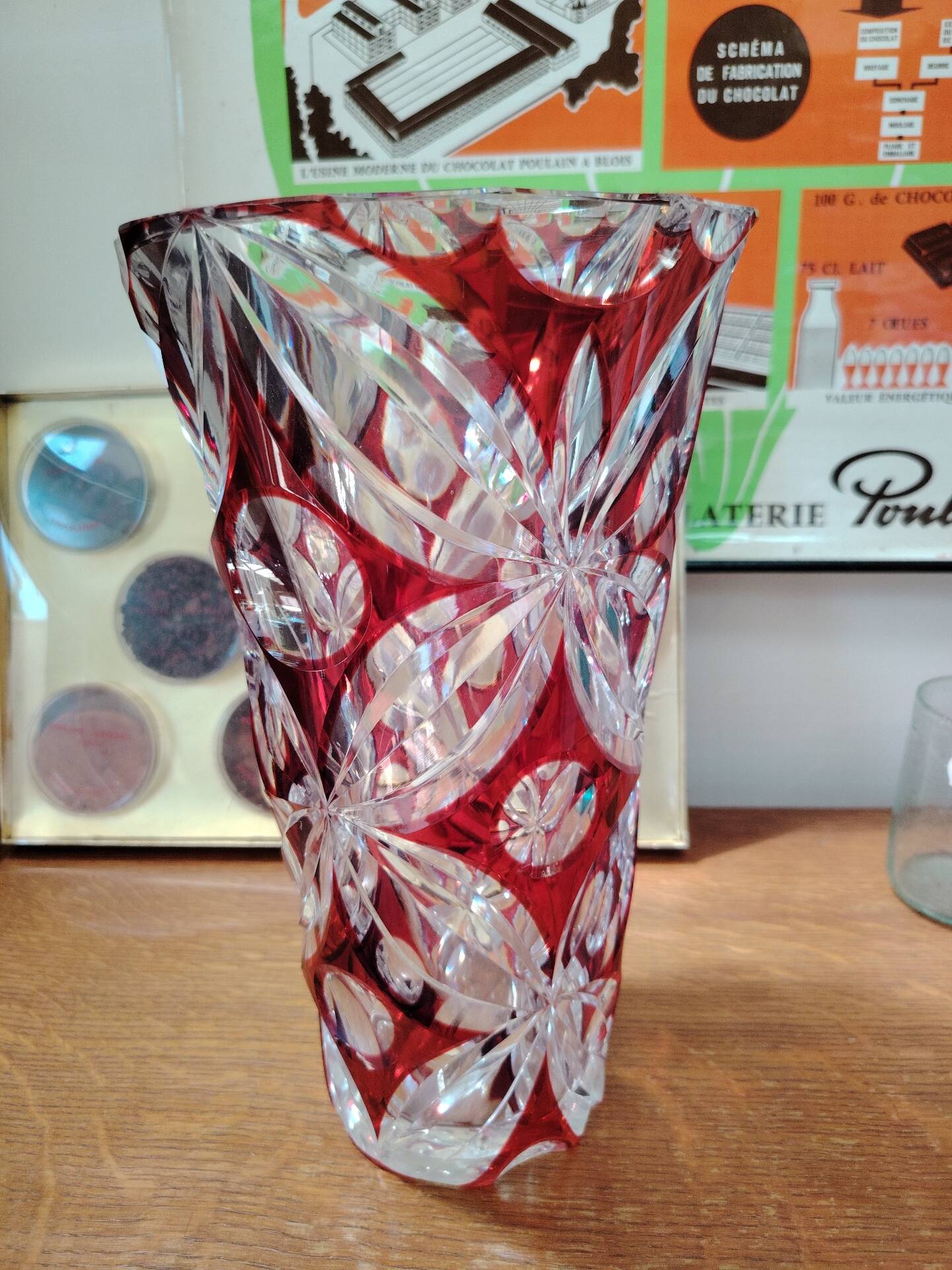 Large ruby red cut crystal vase, handmade, 1960.