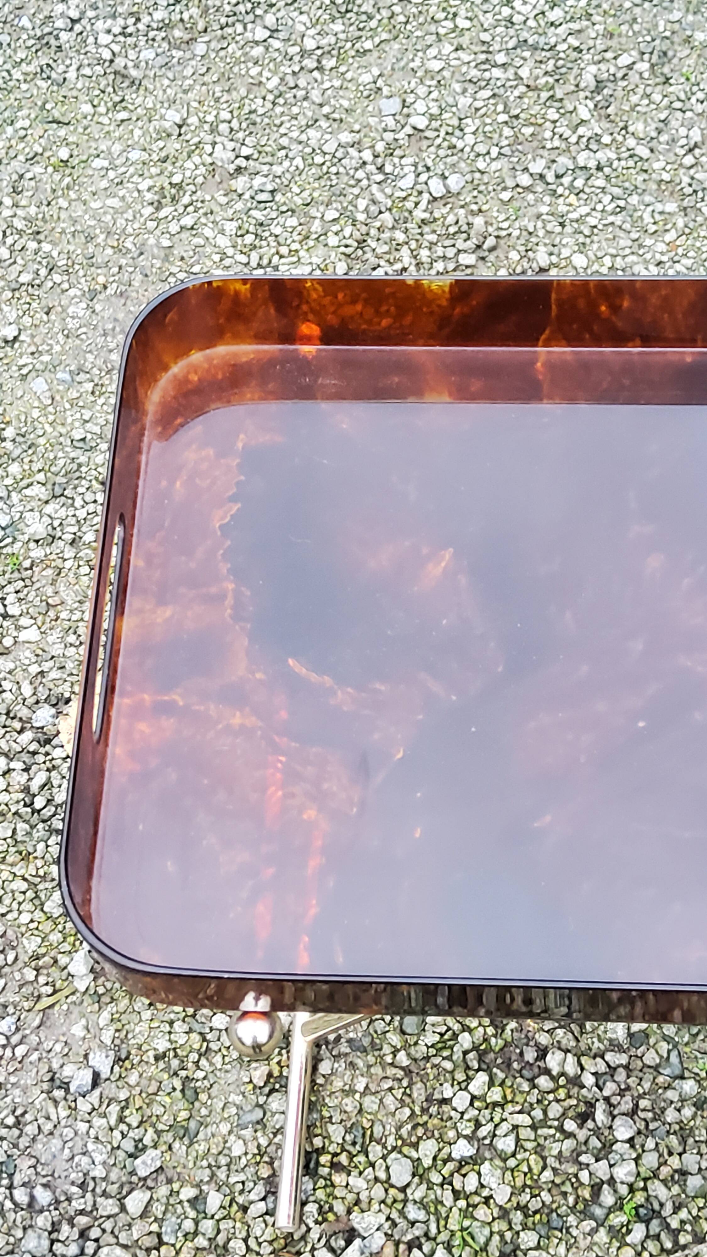 Gold metal side table with tortoiseshell lucite top from the 70s