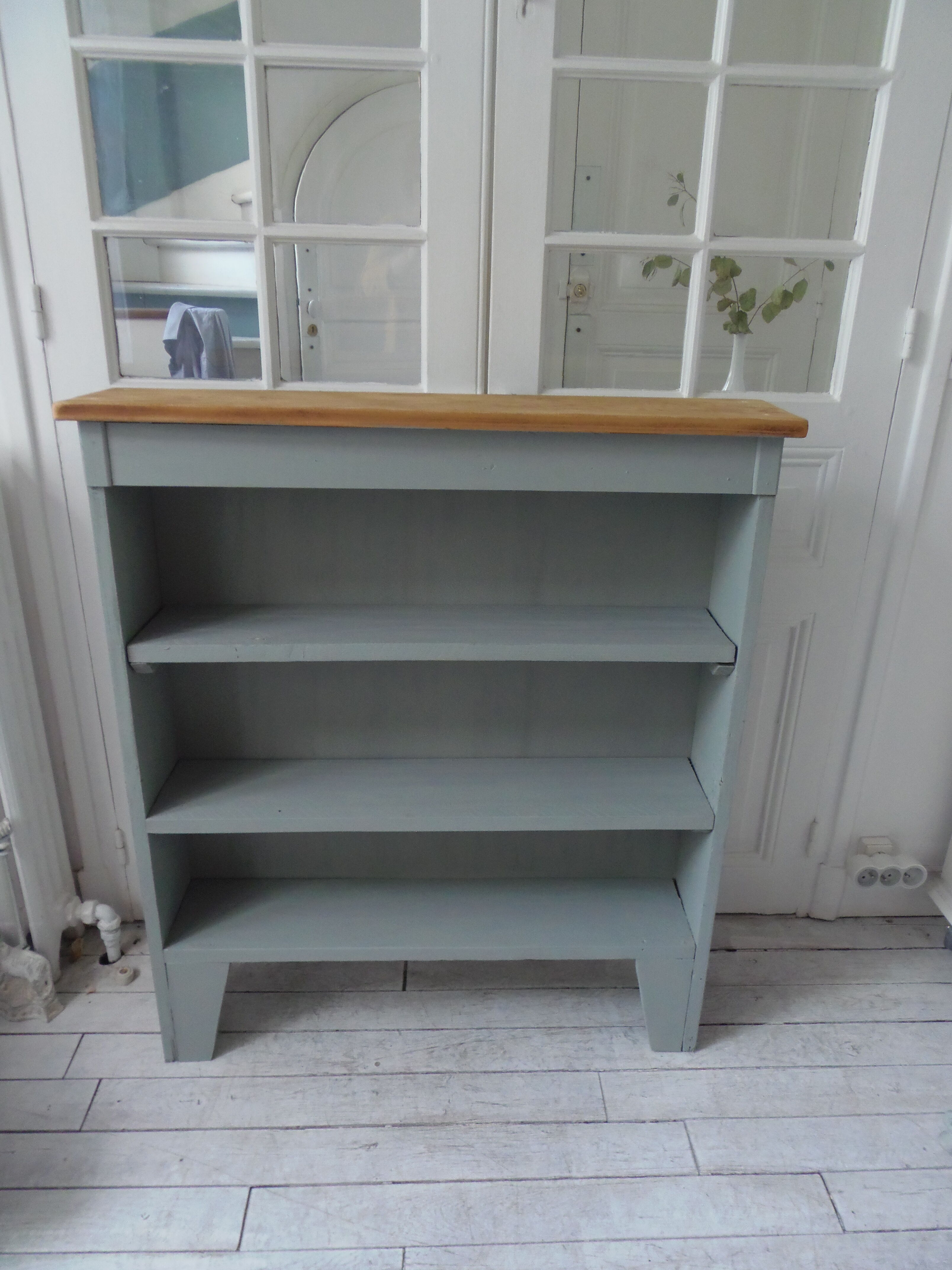 Vintage pearl grey green bookcase, 2 shelves, pitchpin top
