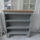 Vintage pearl grey green bookcase, 2 shelves, pitchpin top