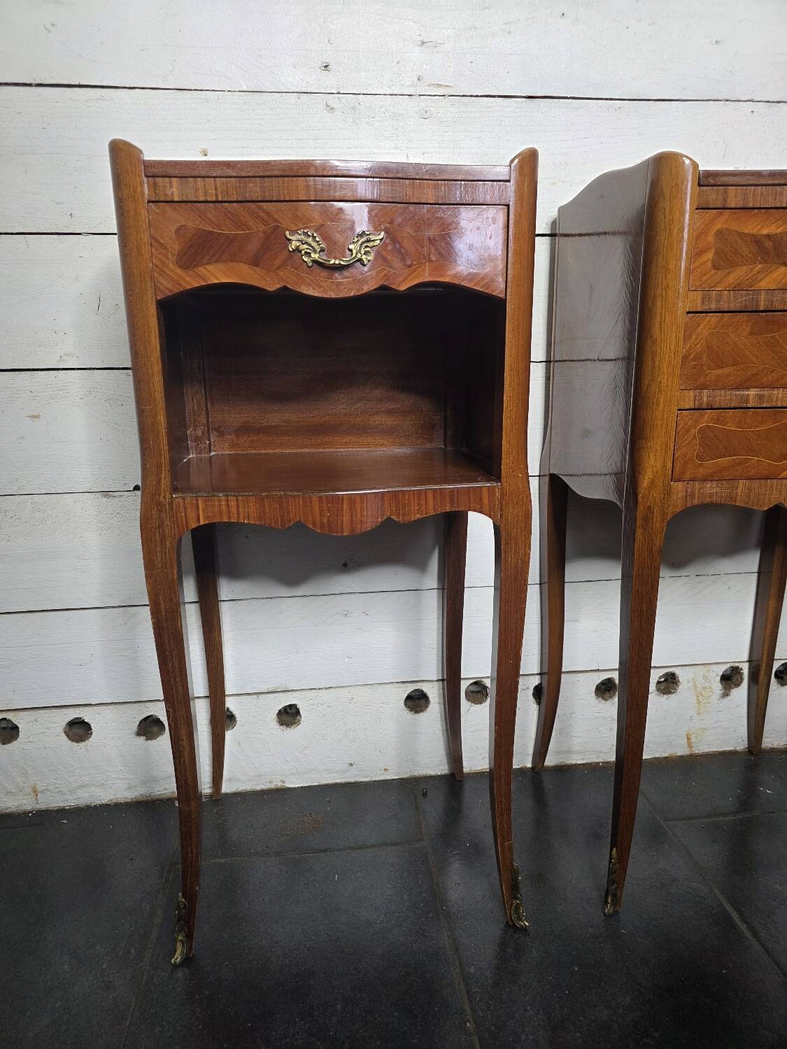 Pair of Louis XV style bedside tables in marquetry