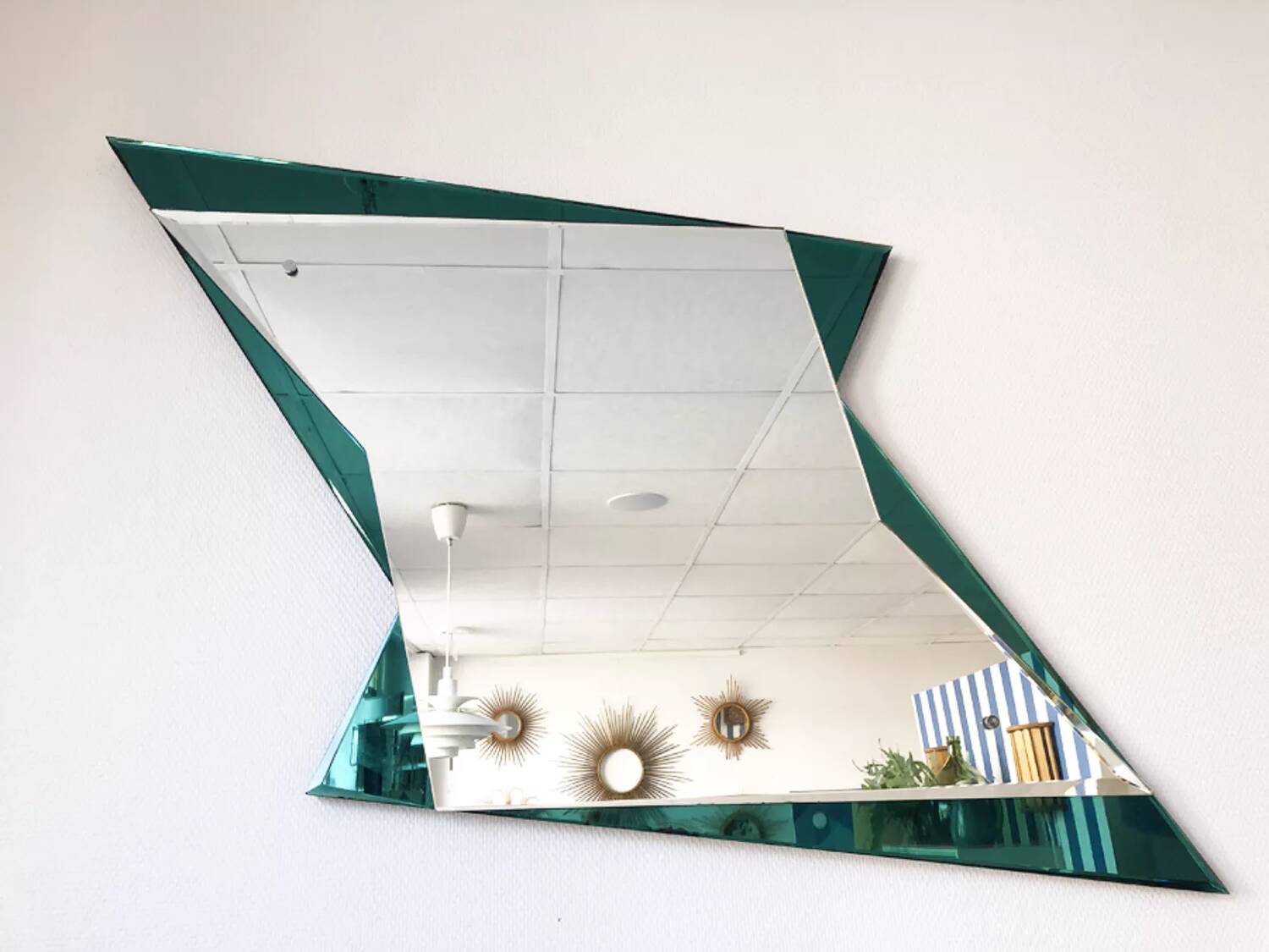 Emerald green geometric mirror – Italy, 1970s/1980s