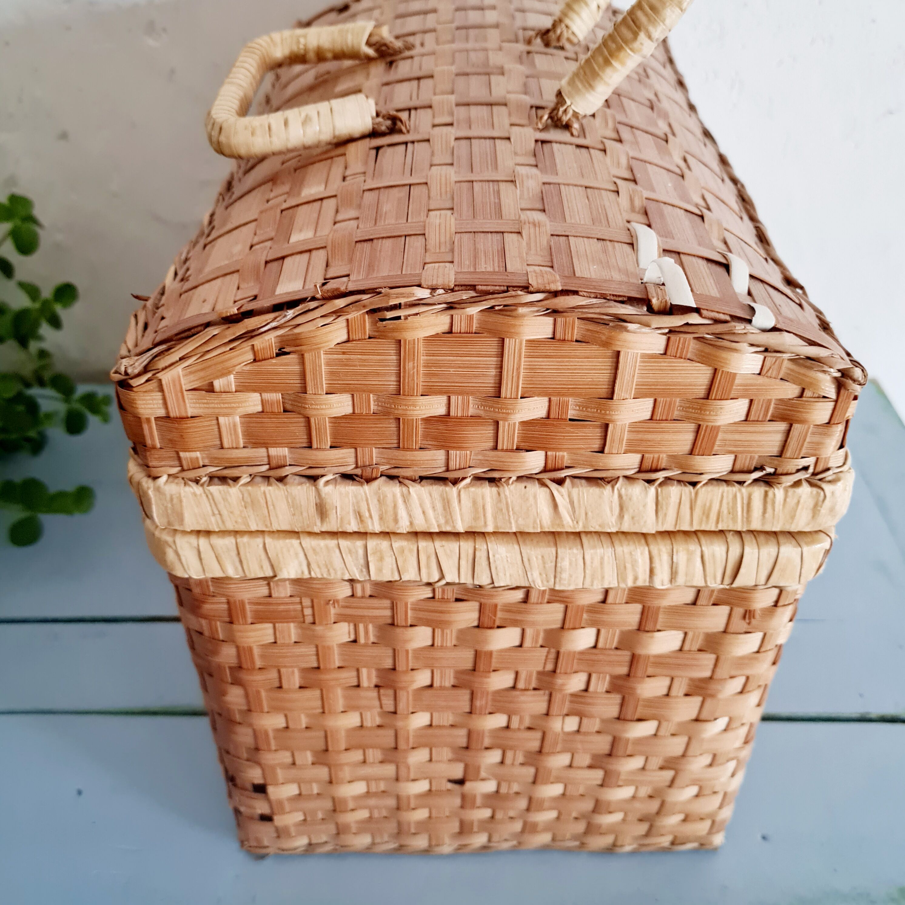 Small suitcase in vintage rattan trunk