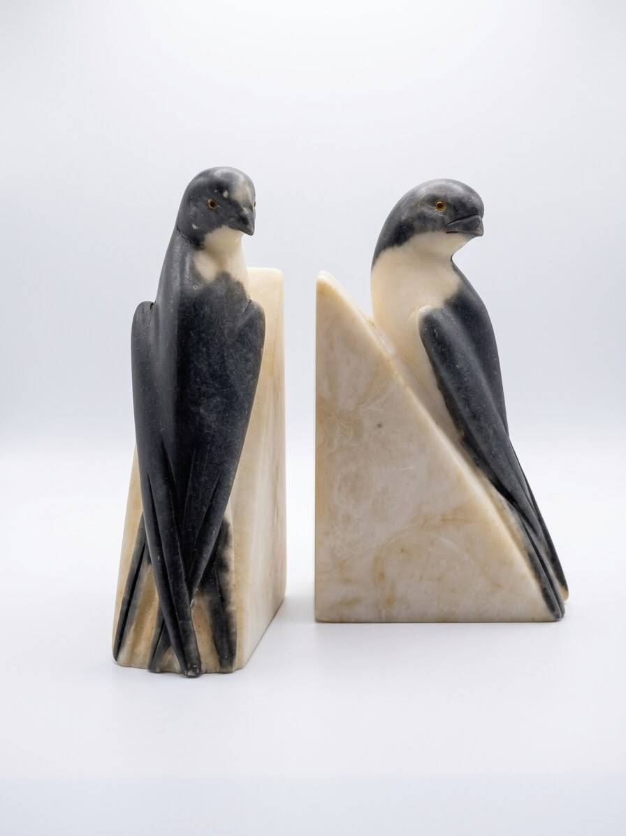 Bookends BIRDS Art Deco Alabaster Marble Vintage Italian Sculpture