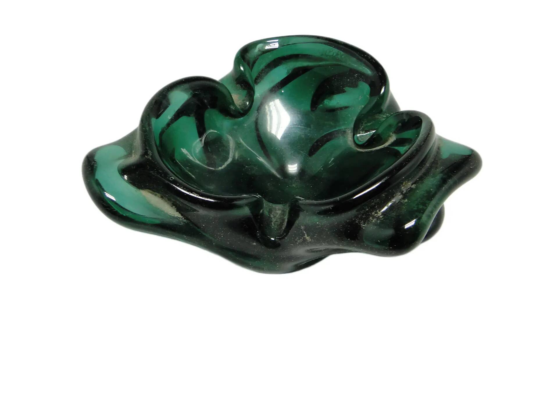Mid-century modern ashtray, green glass, Poland, 1970s.