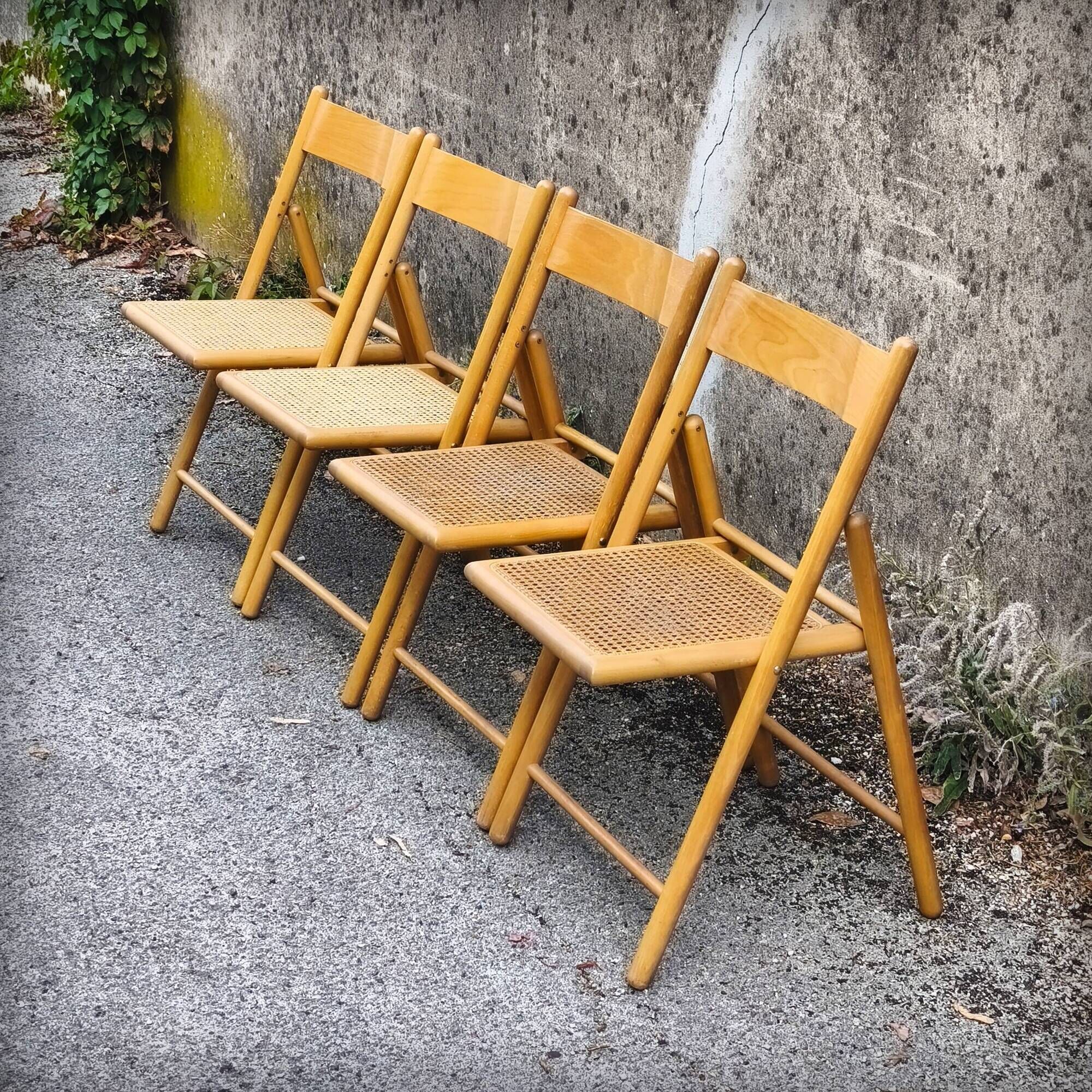 Set of 4 folding chairs in beech and caning by Habitat, 1980s.