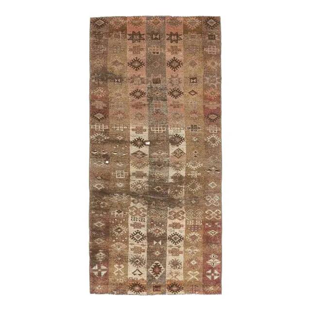 Vintage Turkish Hand-Knotted Wool Cotton Brown Runner 94x203