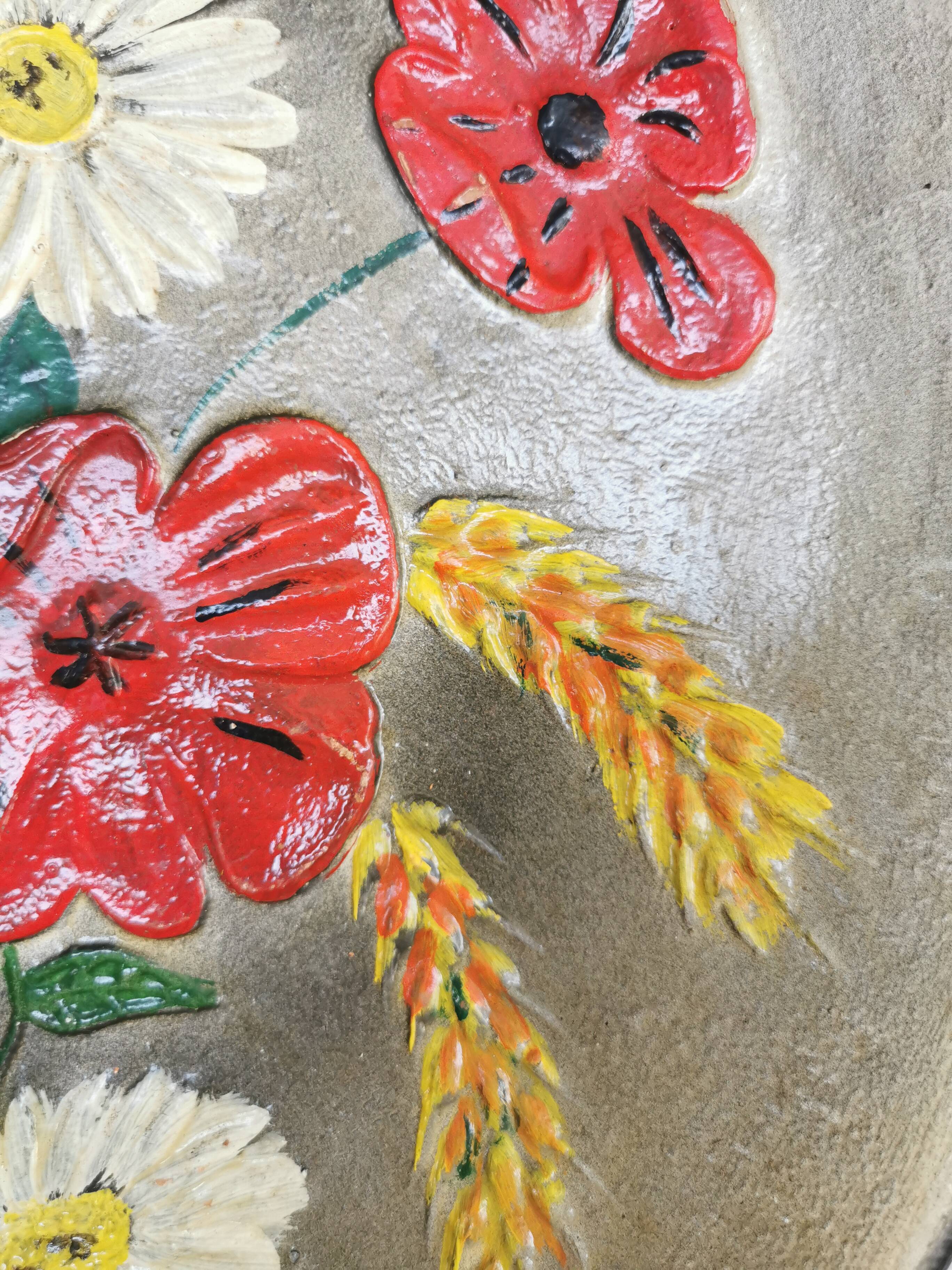 Vintage Hand-Painted Floral Clay Wall Plate - 1970s Yugoslavia