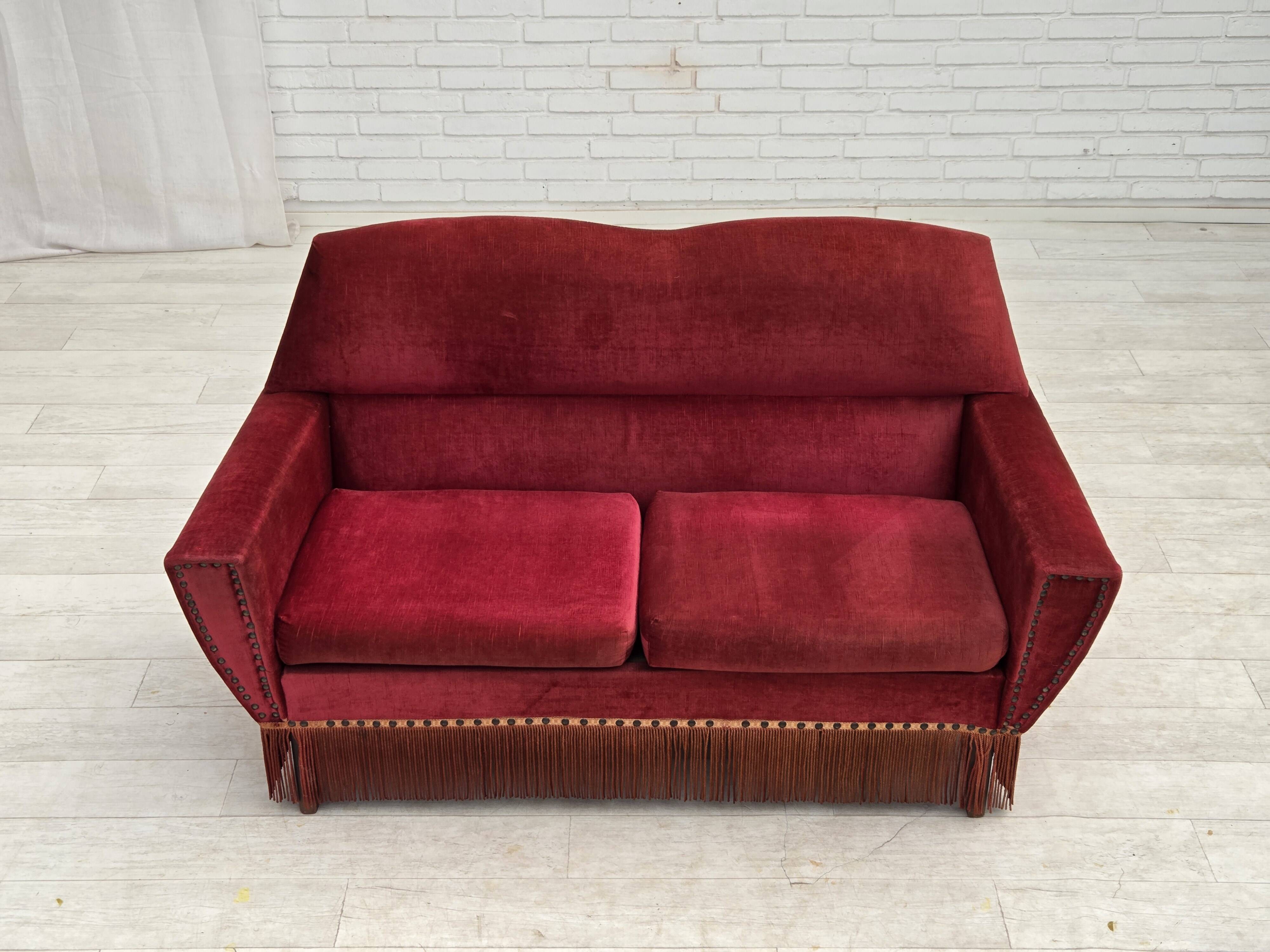 1970s, Danish 2-seater sofa, red furniture velour.