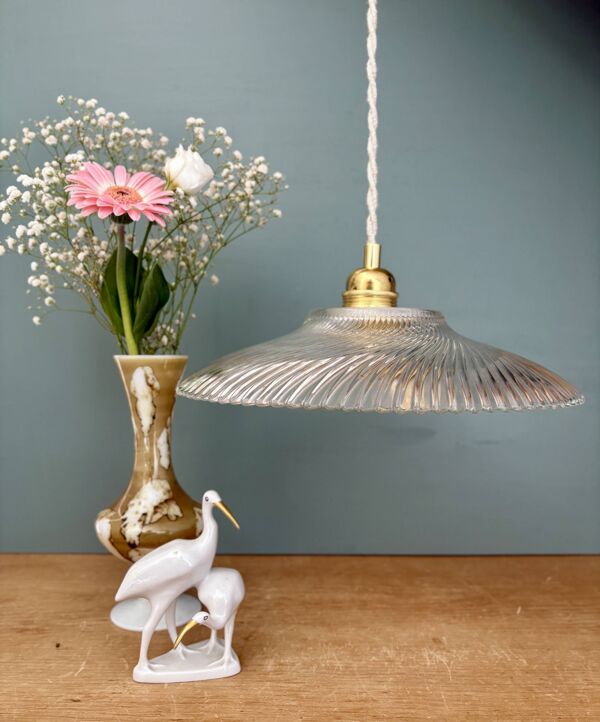 Suspension abat-jour vintage en verre moulé strié - collection vaisselle -