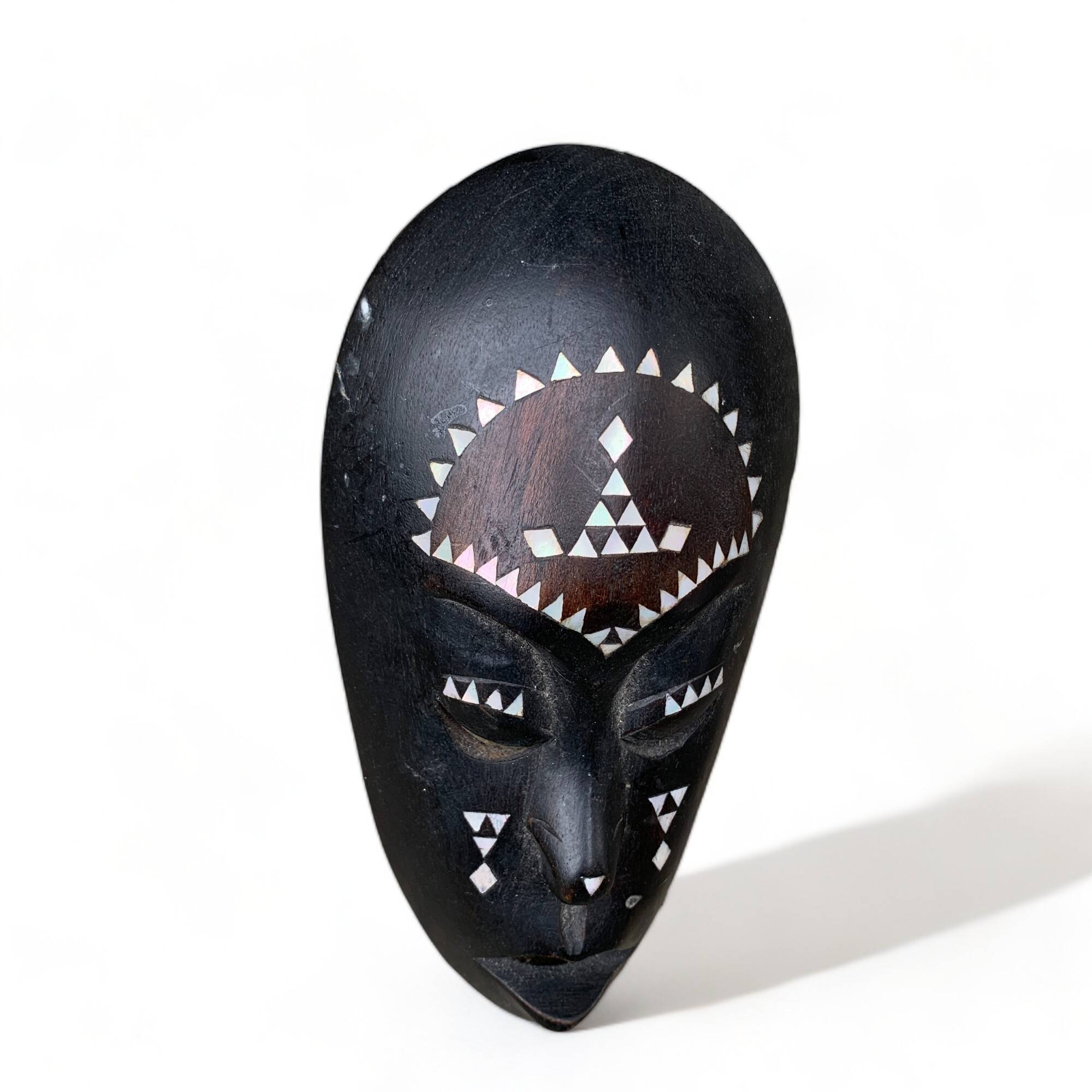 Africa mask in shell wood inlaid Ivory Coast Baoulé African art 1989 old vintage