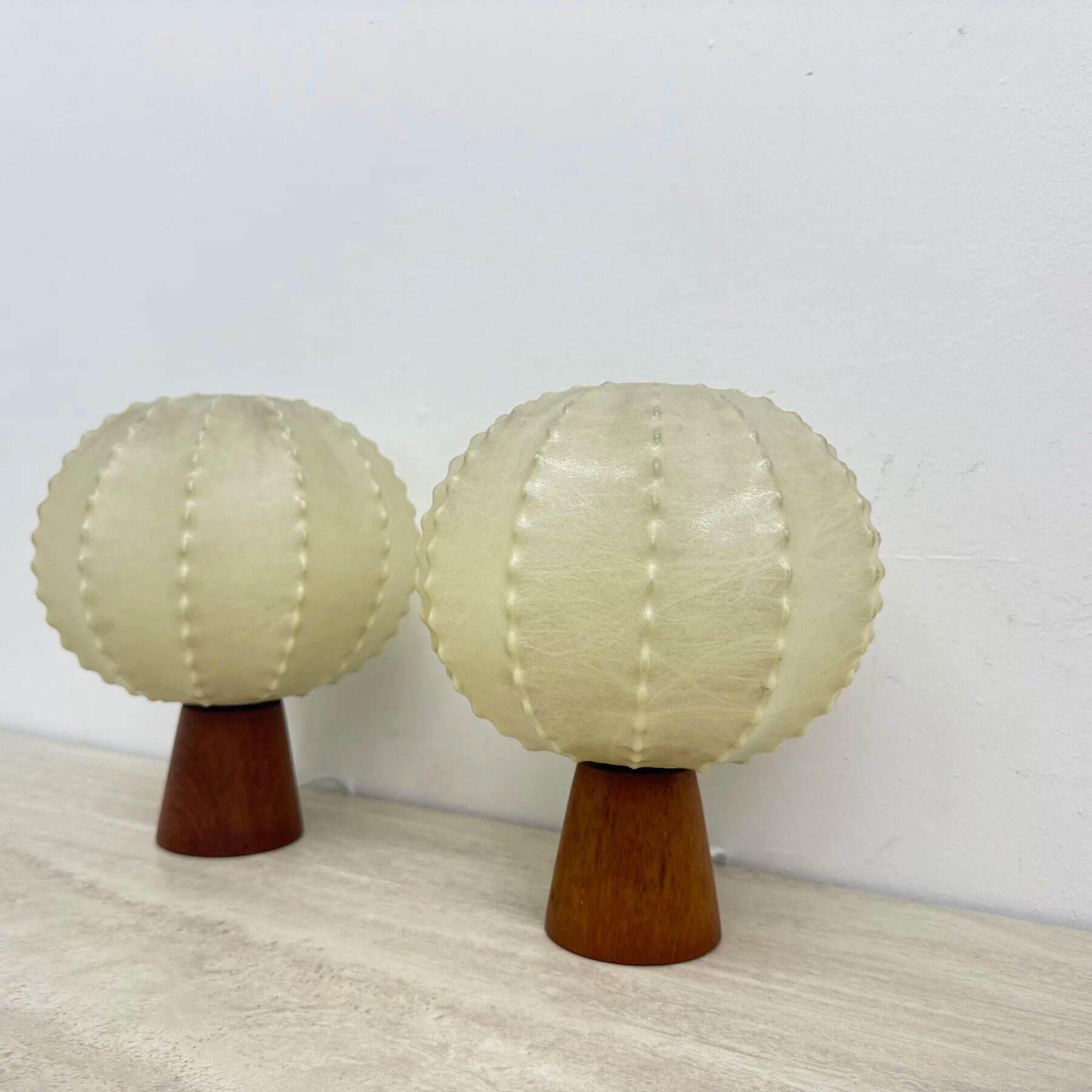 Pair of Goldkant Leuchten cocoon with teak base table lamps, 1970s