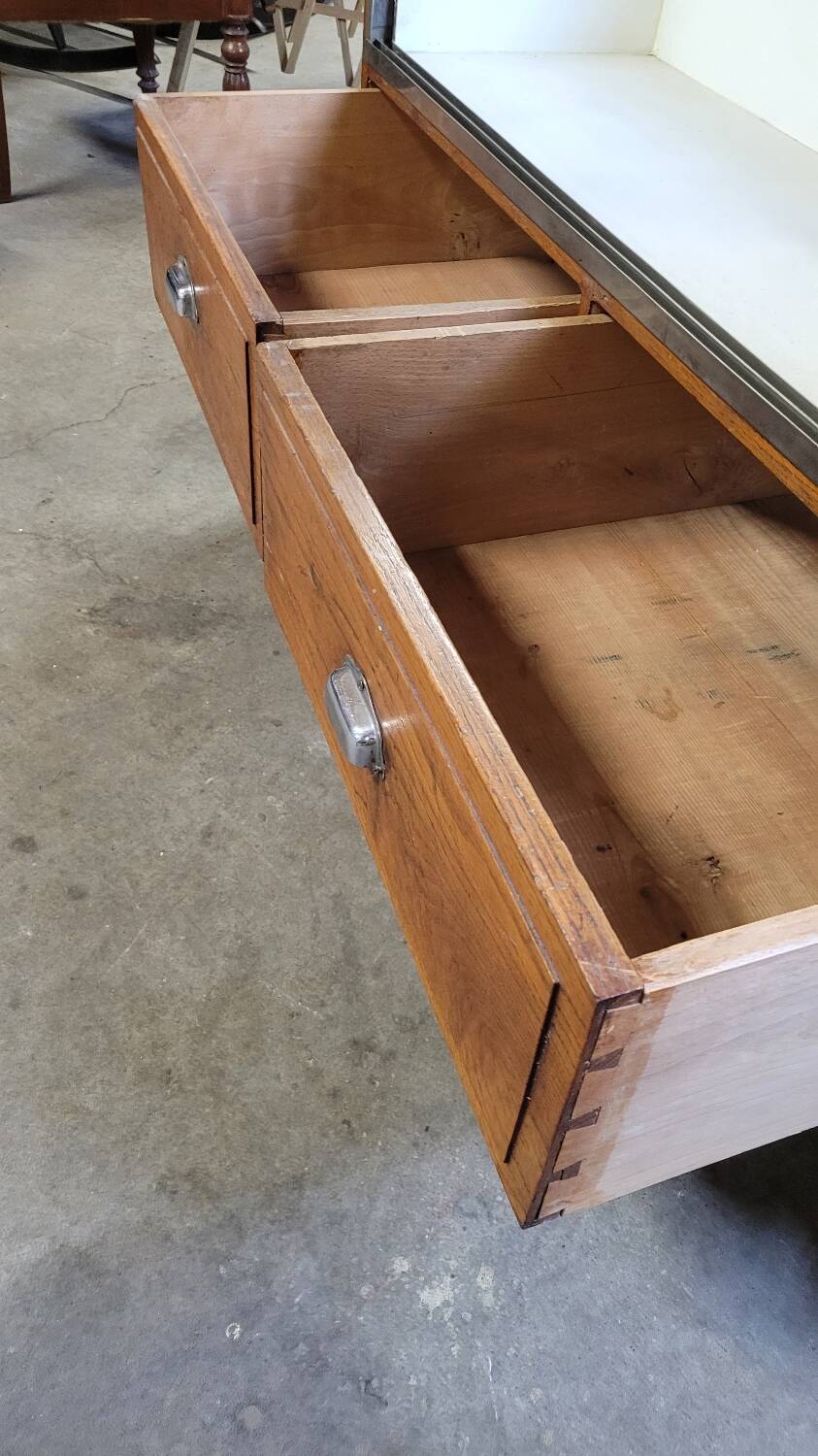 Shop counter display cabinet with old drawers, 1900s