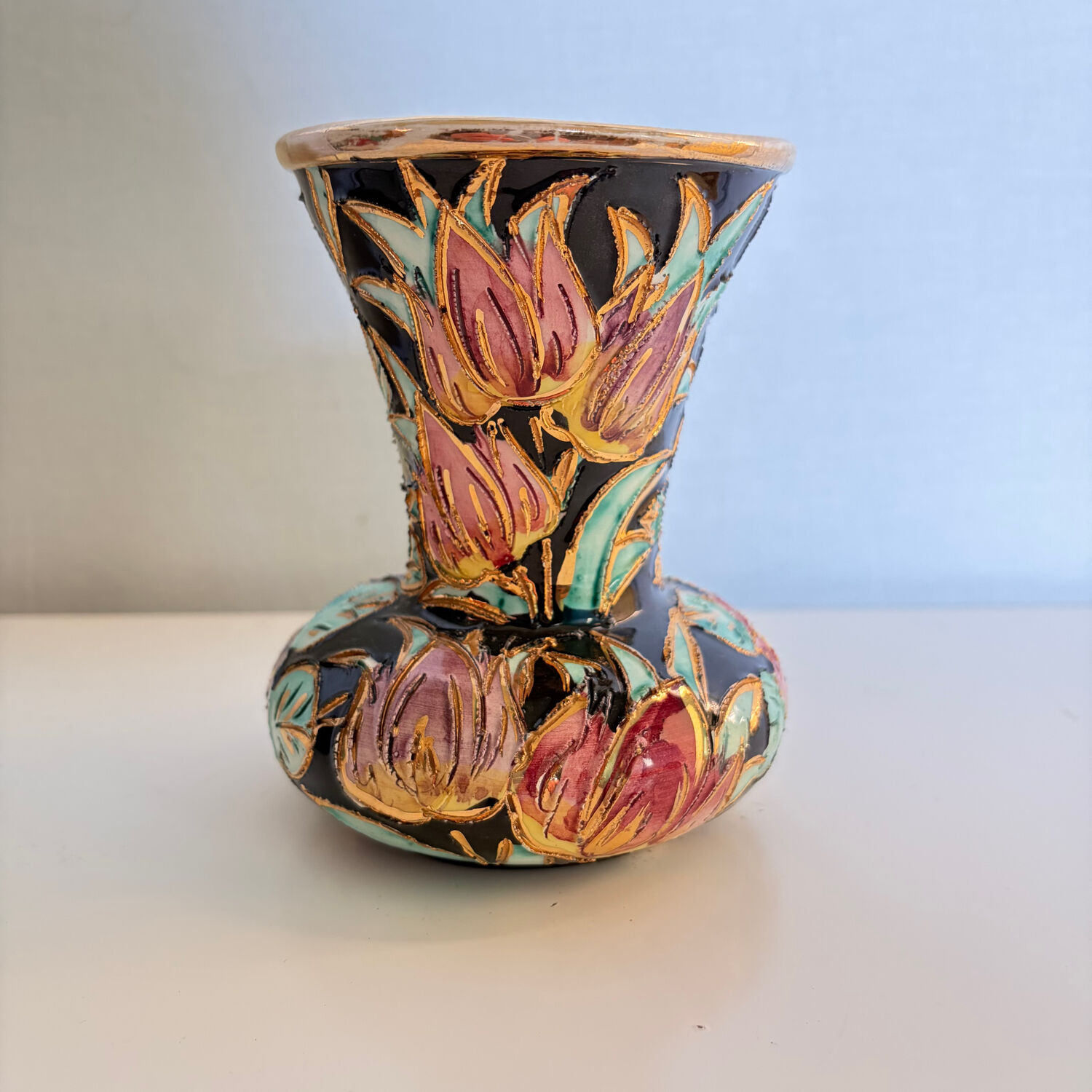 Vintage Vallauris vase in glazed ceramic – relief floral decoration