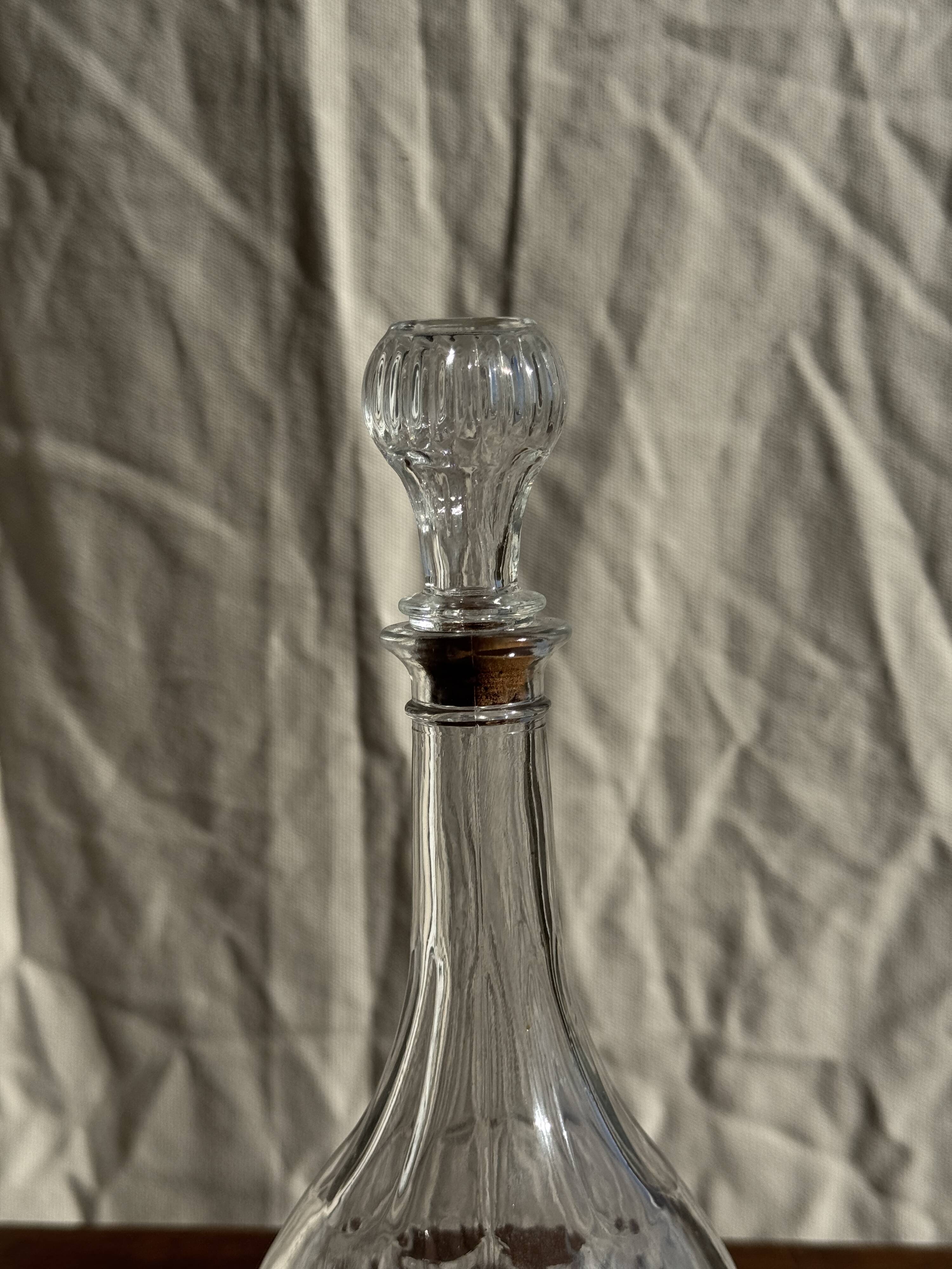 Vintage round-shaped glass carafe with cork stopper H27
