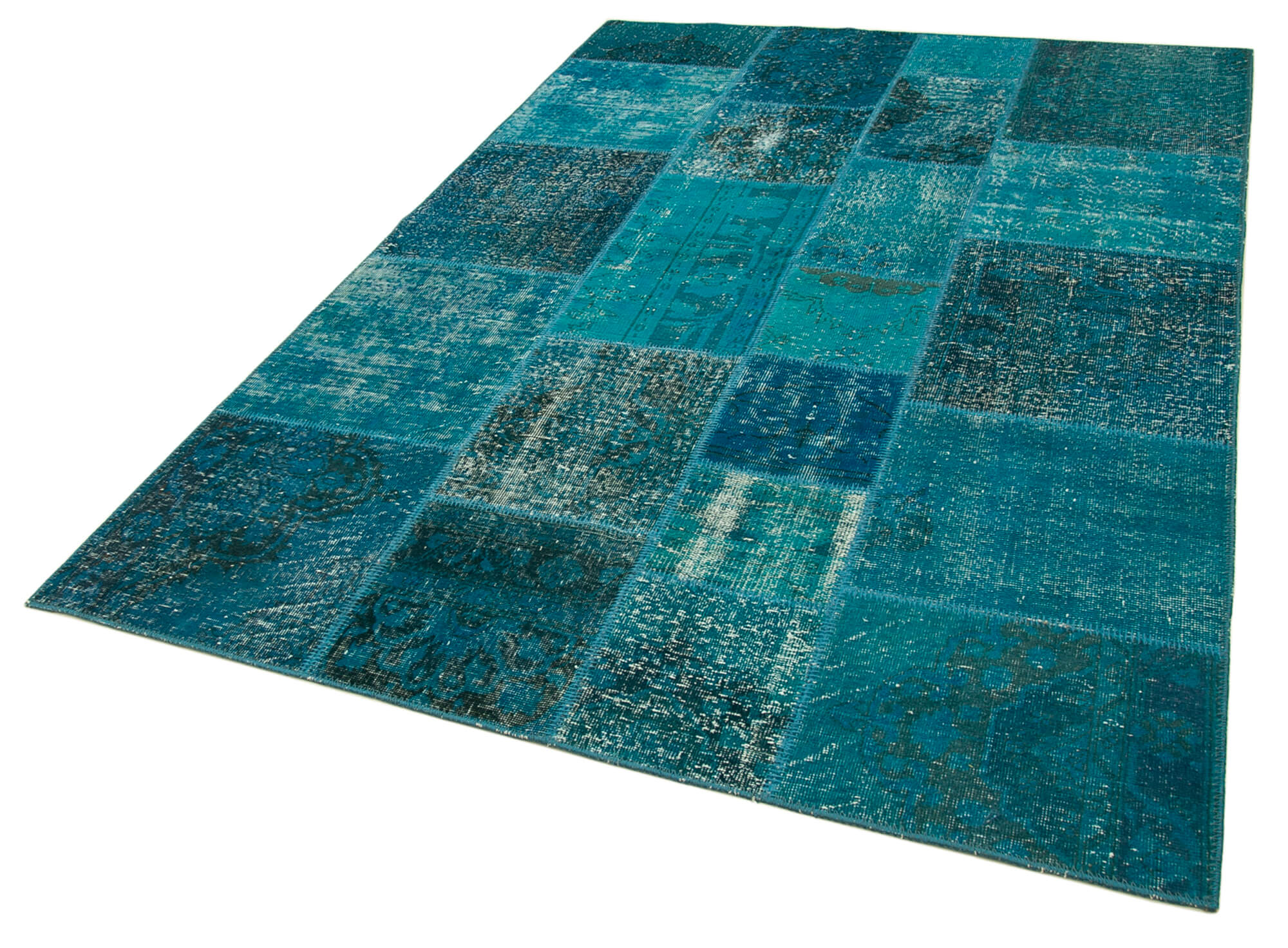 Hand-knotted oriental overdyed 169 cm x 243 cm turquoise patchwork carpet