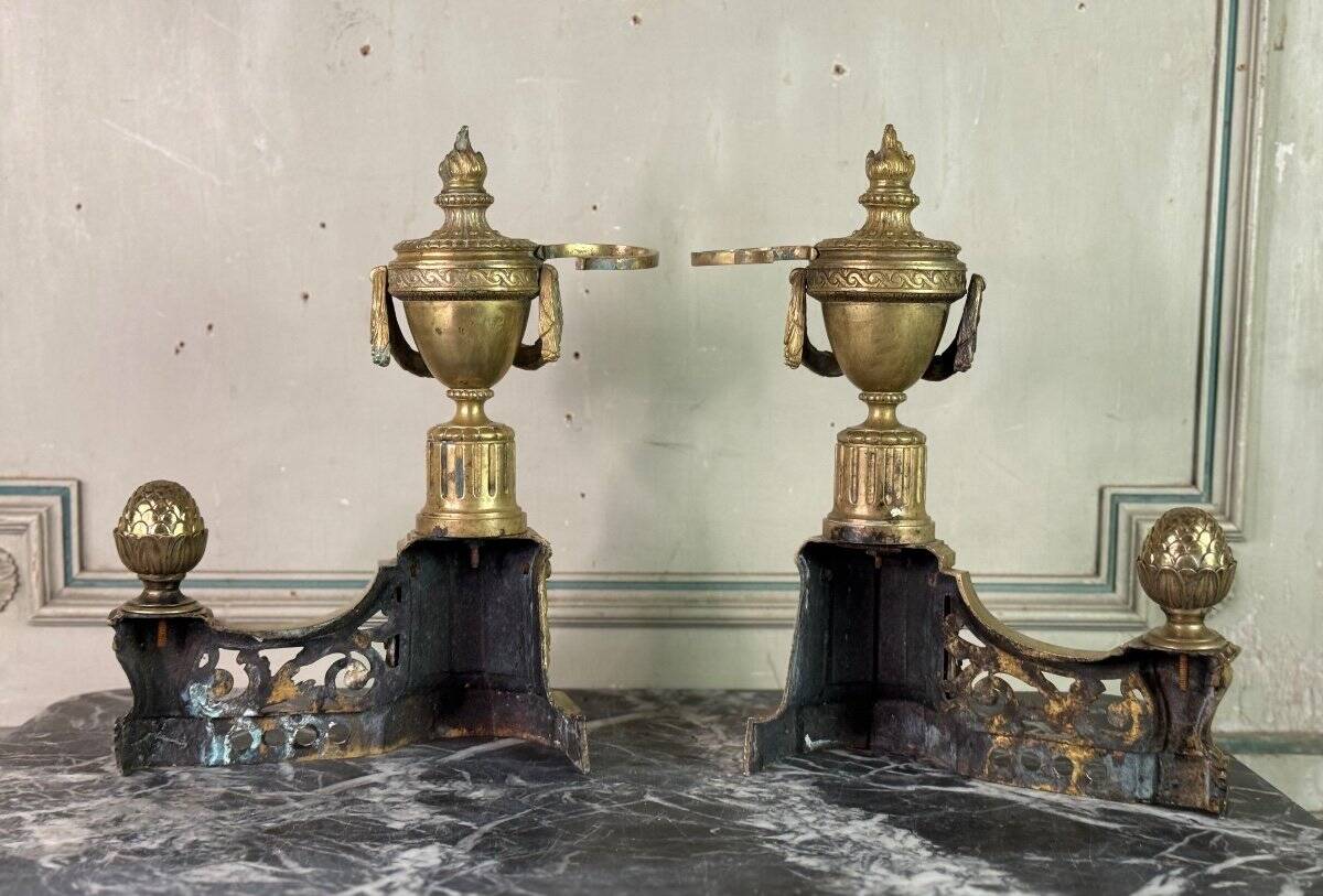 Pair of Louis XVI Style Gilt Bronze Andirons, 19th Century