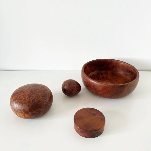 Ensemble coupe et boîtes en loupe d'orme vintage