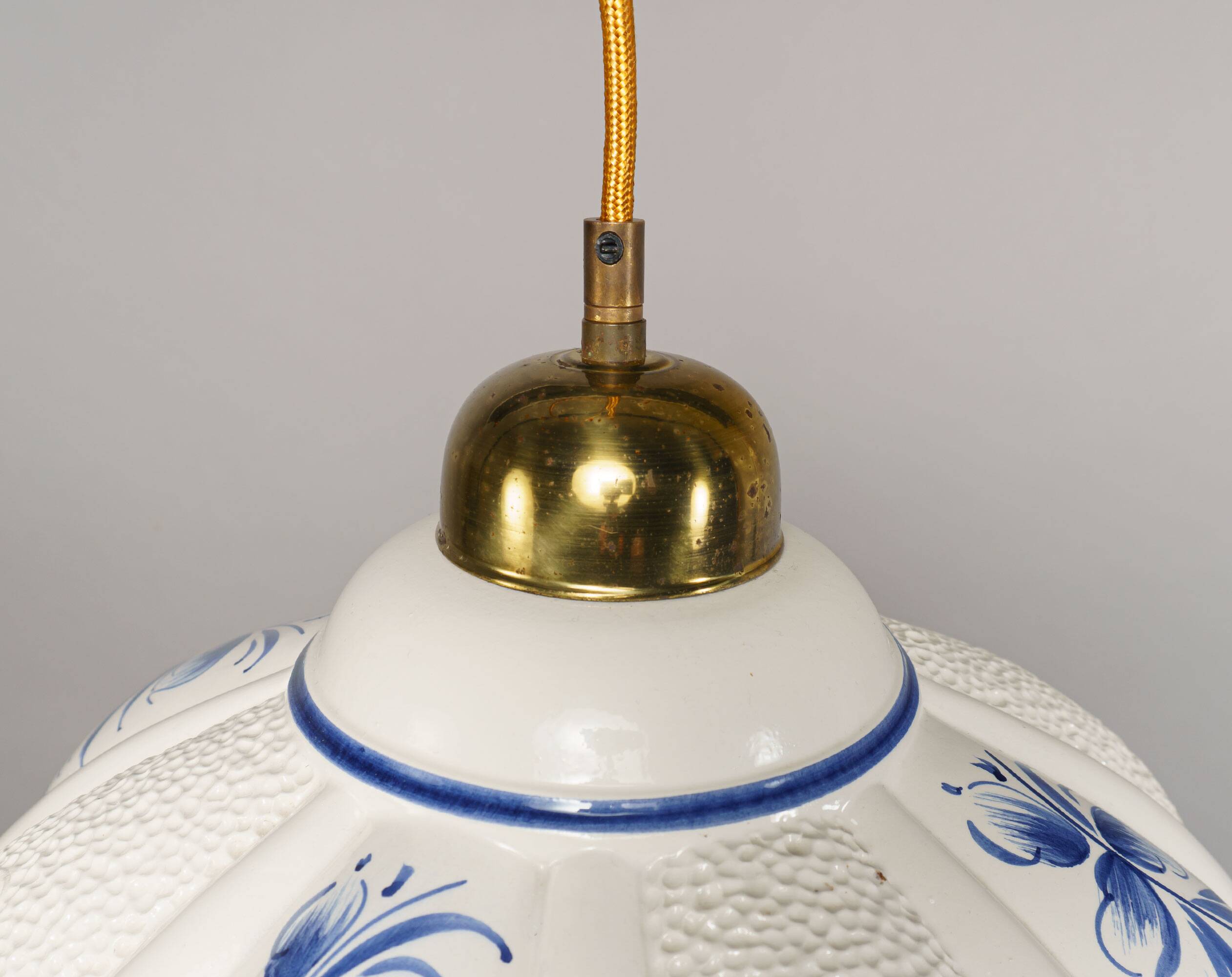 1980s Vintage Hand-Painted Portuguese Pierced Pottery Pendant Lamp