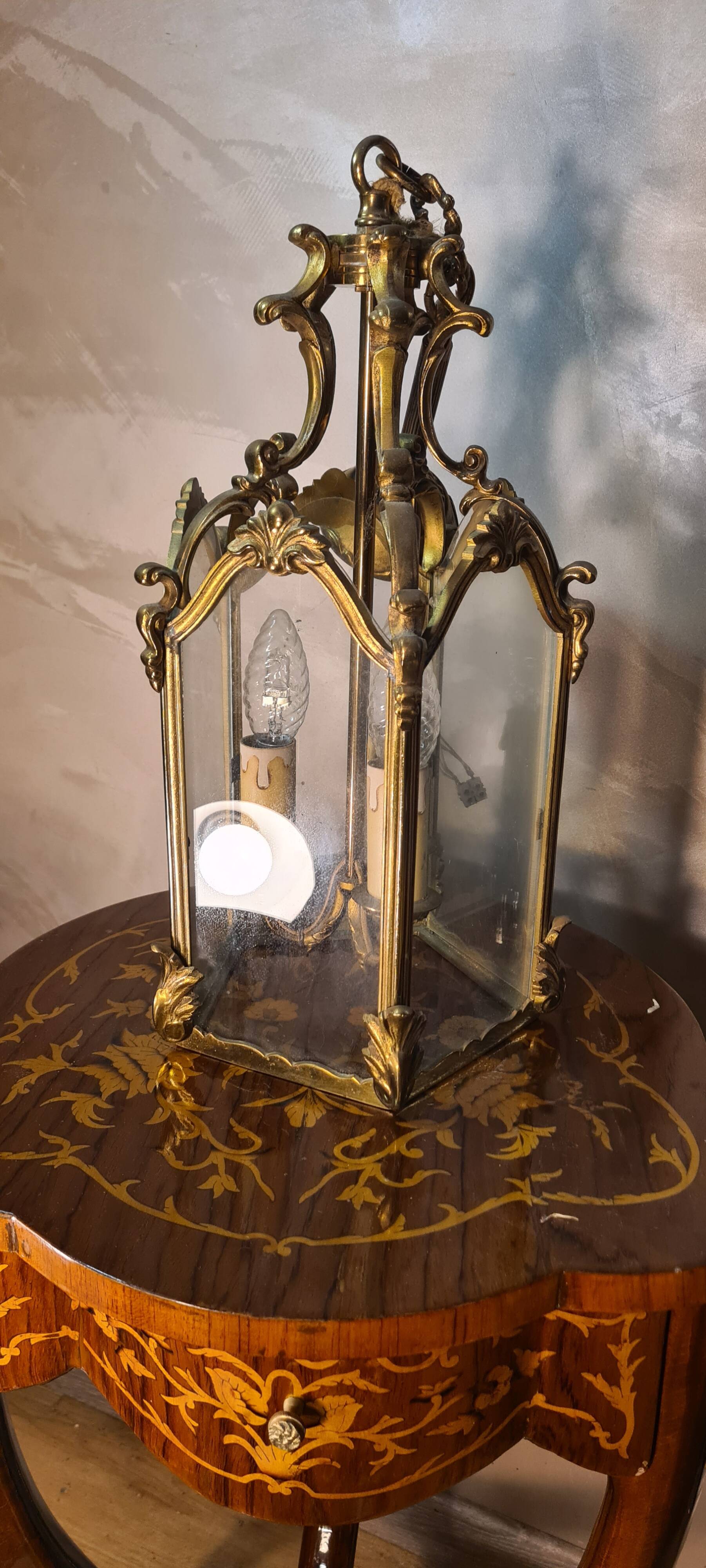 Suspension lanterne 3 feux bronze h40x20 avec fixation 60 cm bon etat