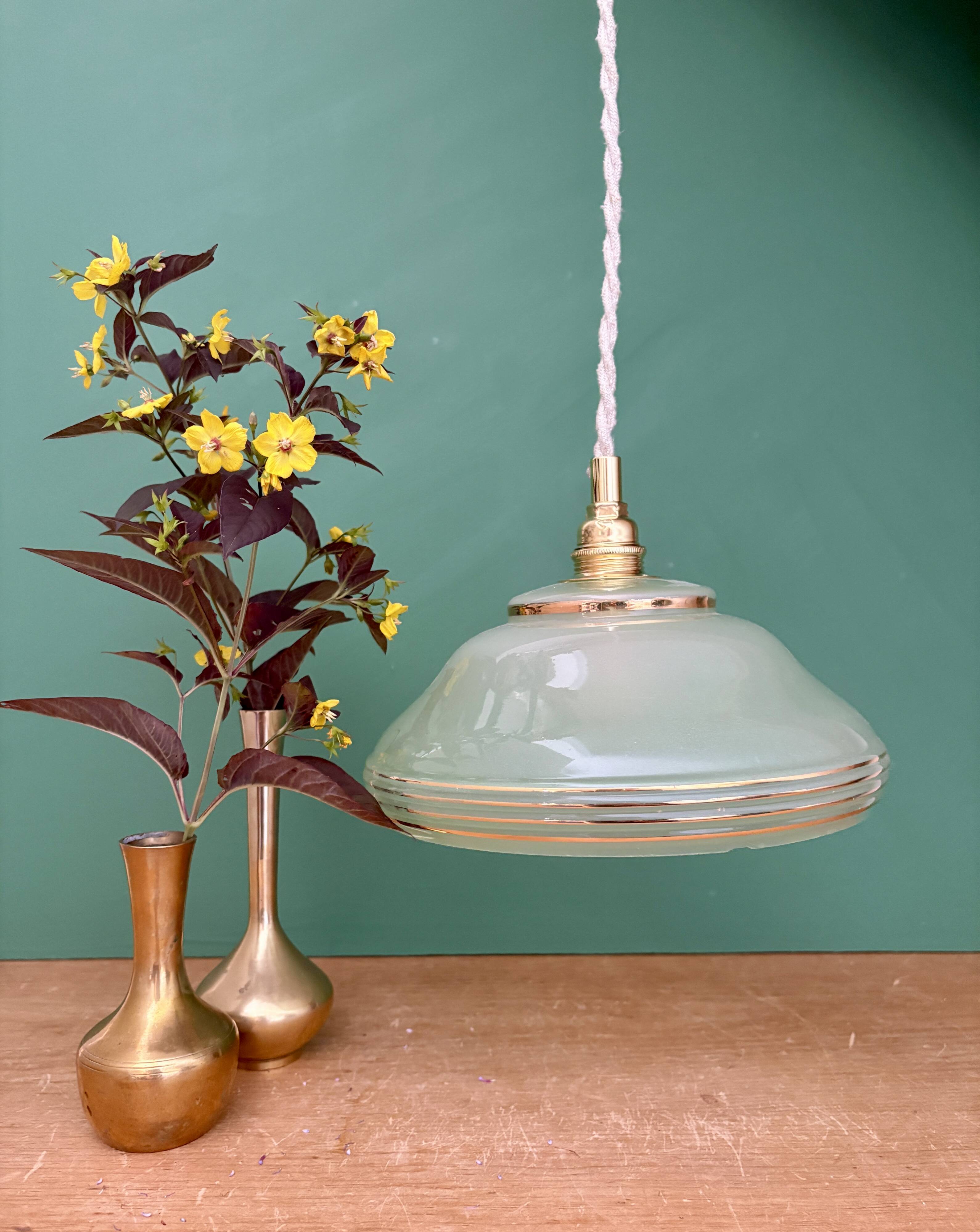 Vintage green and gold glass lampshade pendant light