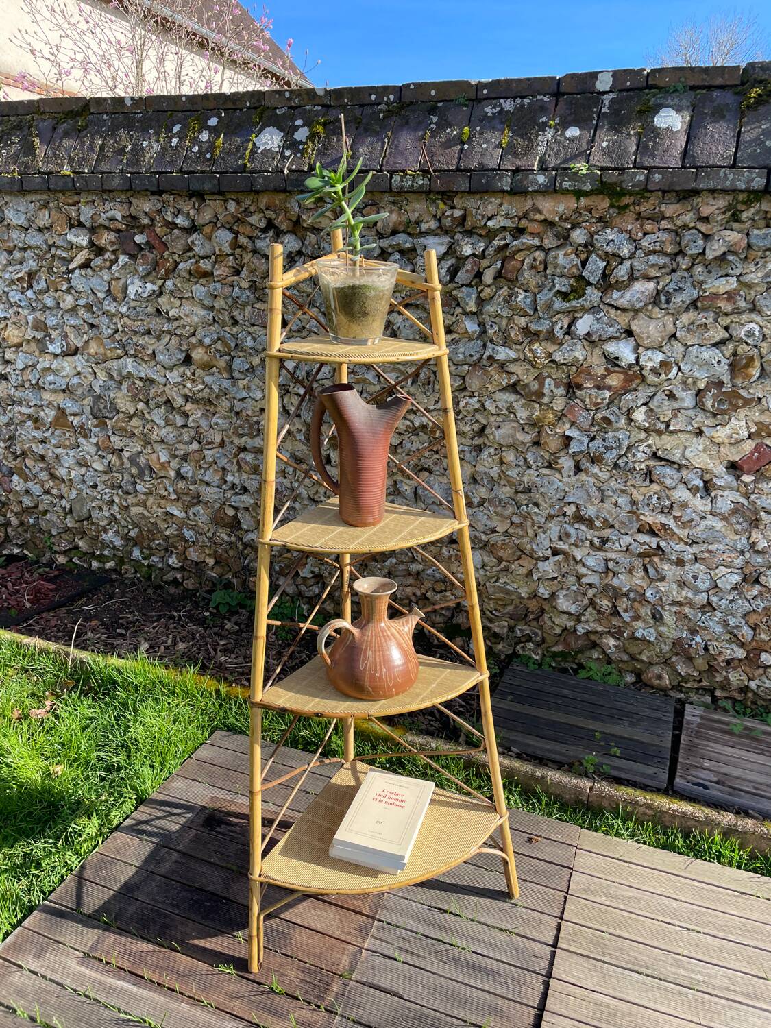 Audoux Minnet style corner shelf in vintage rattan 1950