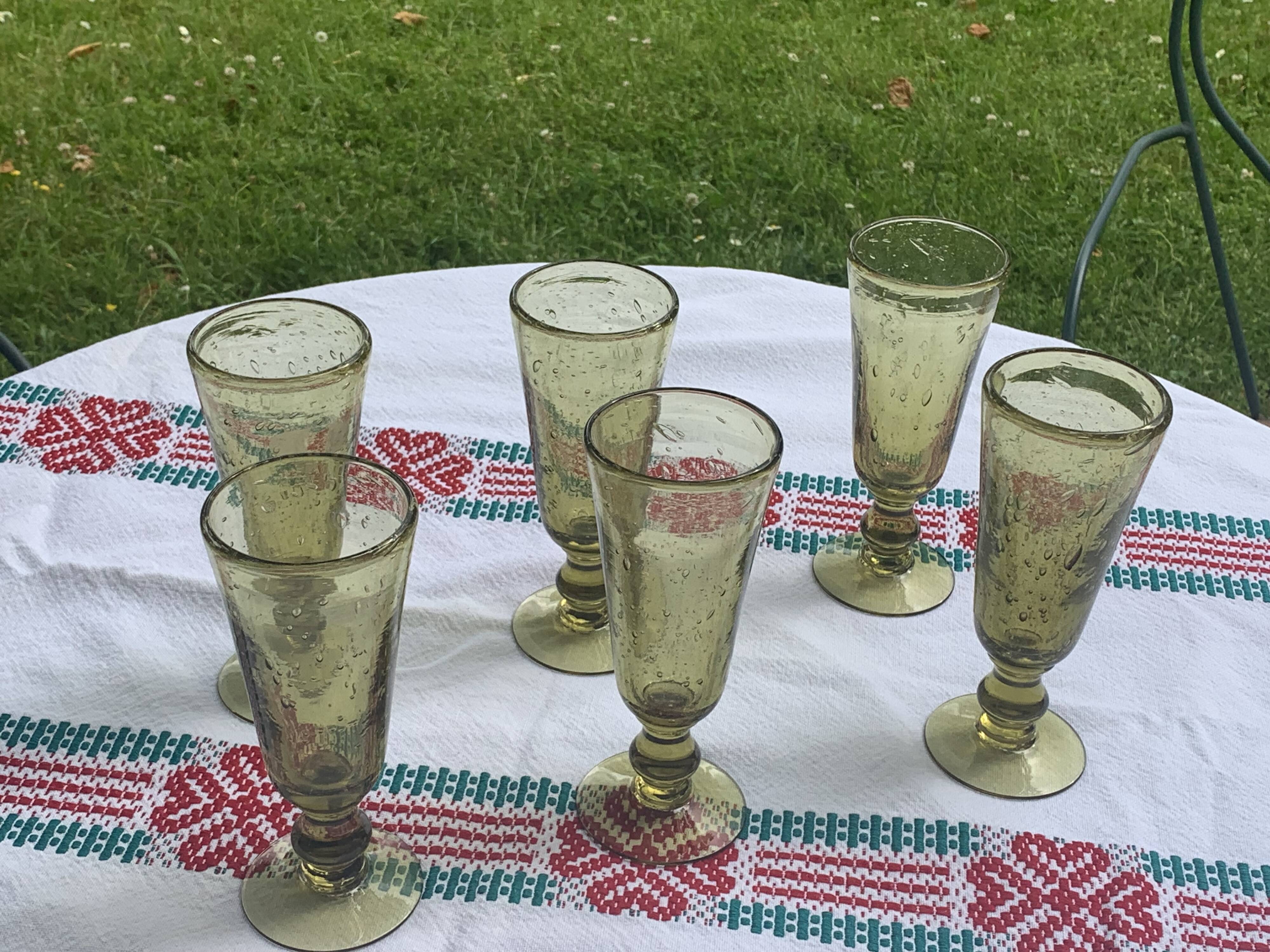 6 champagne flutes, cocktail glass, La Rochere glassware, hand-blown green glass