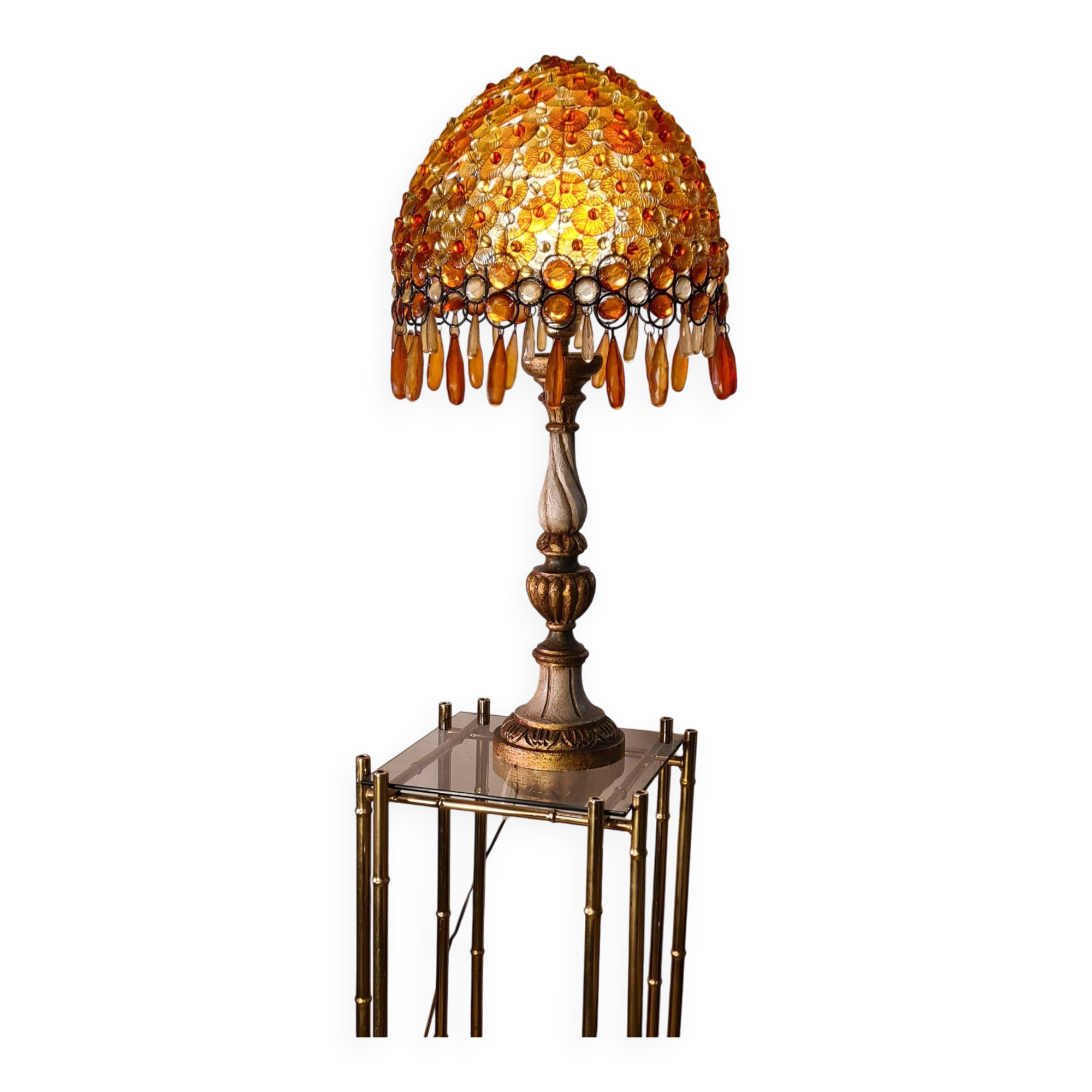 1970 lamp, patinated painted wood, and amber acrylic lampshade 70x28 elec ok;