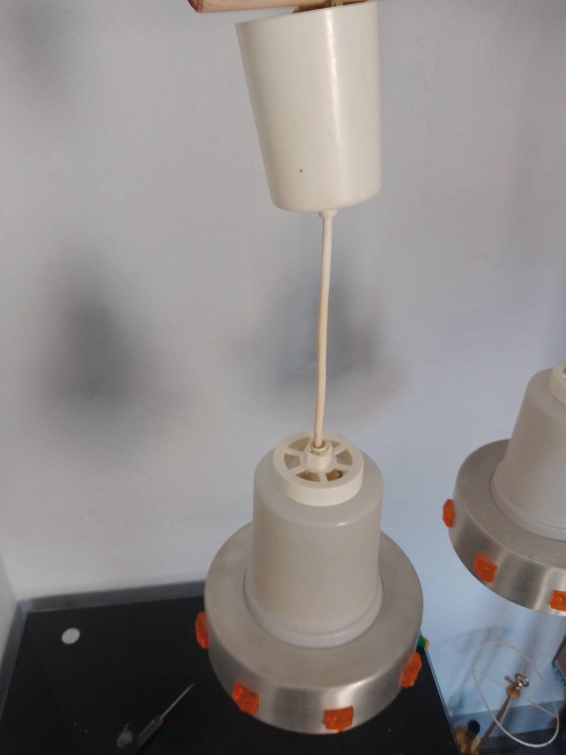 Pair of 1970s Space Age glass and aluminum lamps