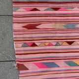 XXL Handmade Striped Vintage Pink Algerian Berber Rug With Geometric Patterns 369x163 cm
