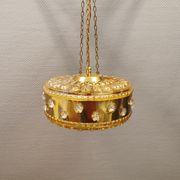 Ceiling-hanging lamp in glass with prisms and metal details