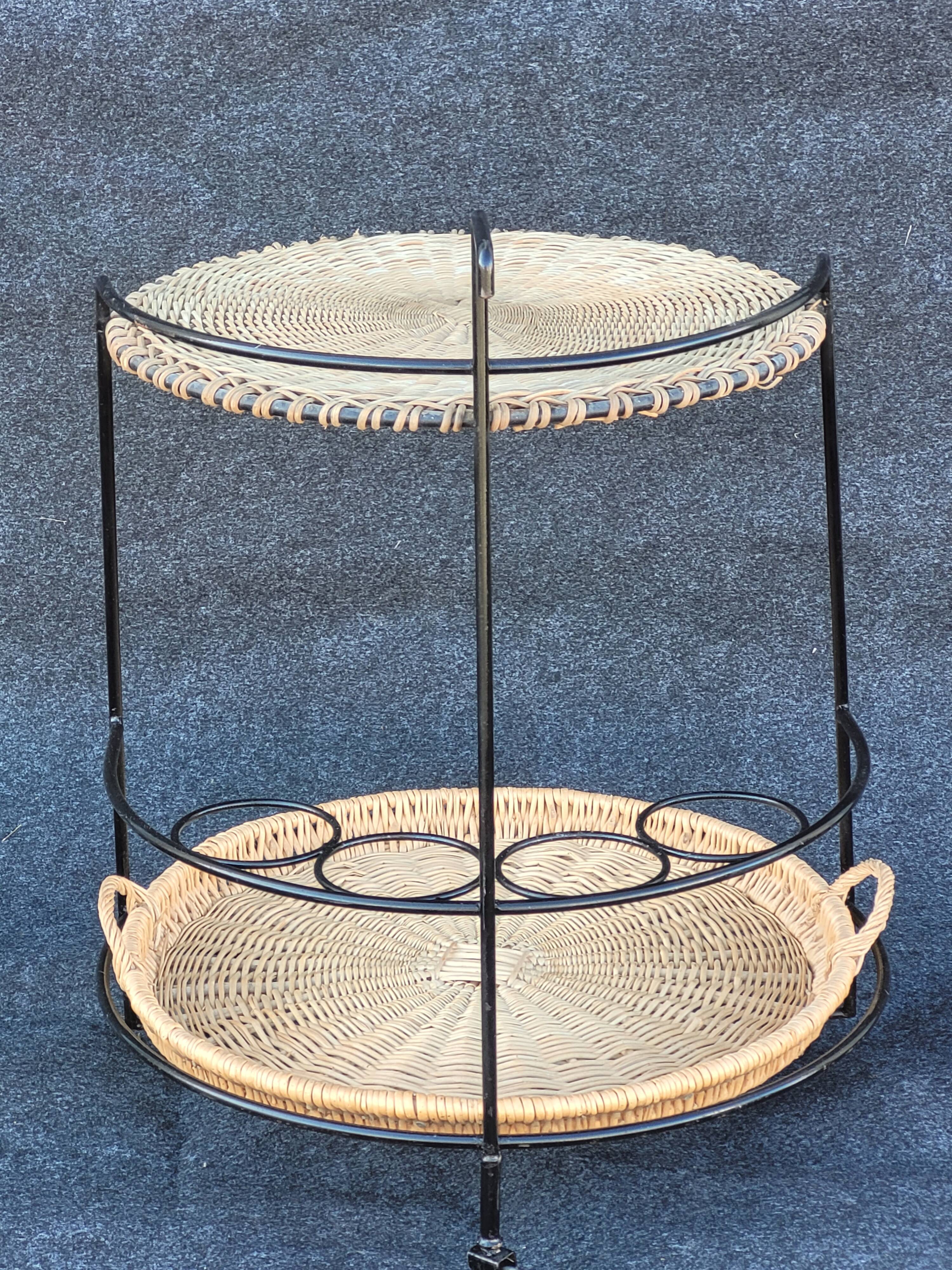 French iron and wicker bar cart from the 1950s