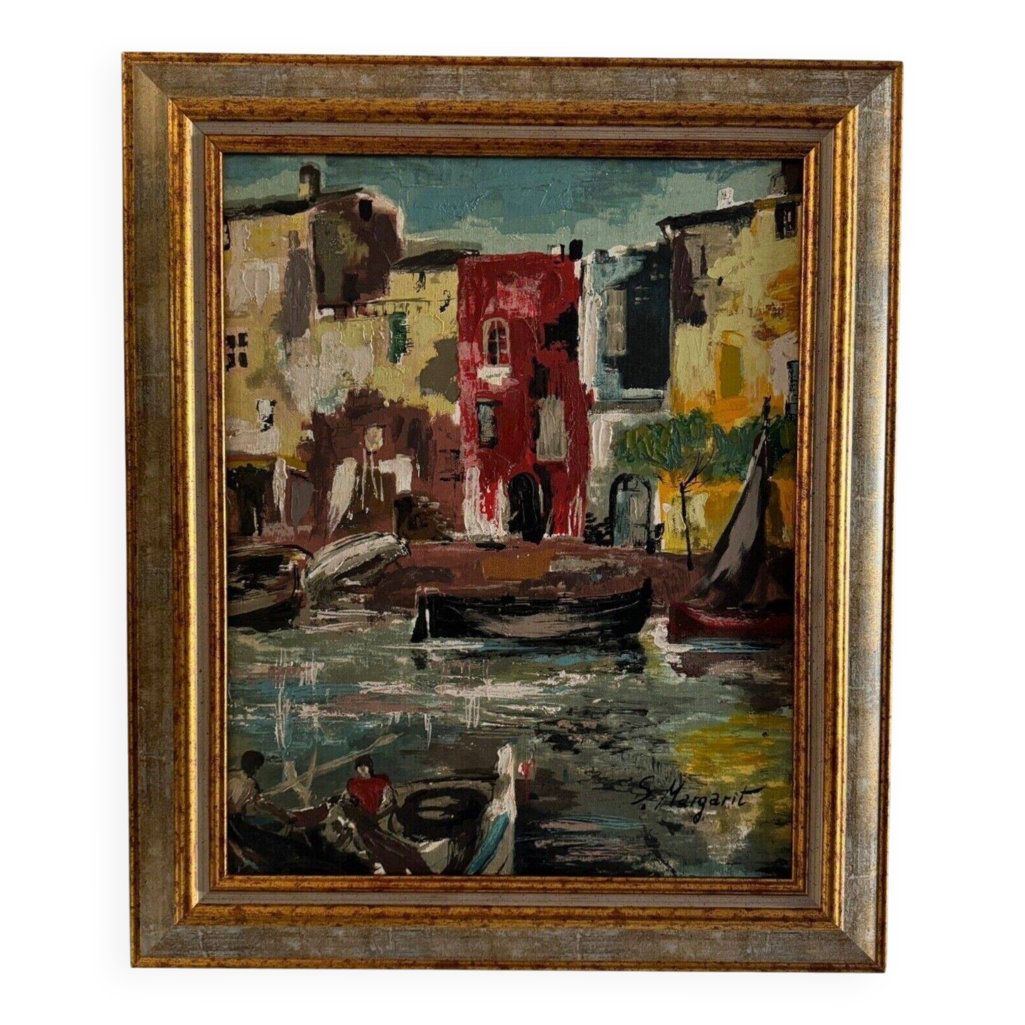 Oil on panel representing a fishing port by S. Margarit 20th century