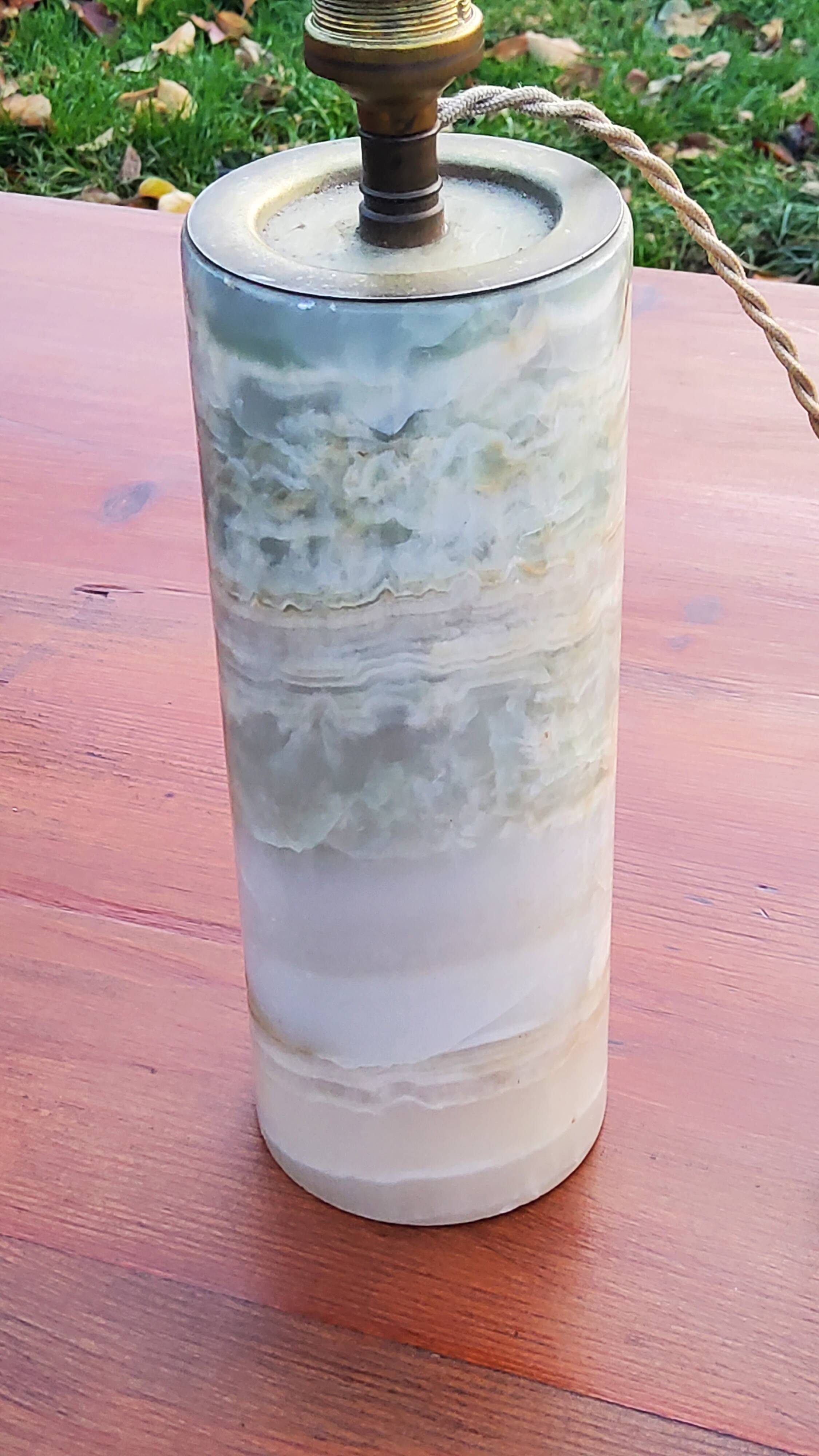 Designer lamp from the 70s in almond green onyx with original fabric shade