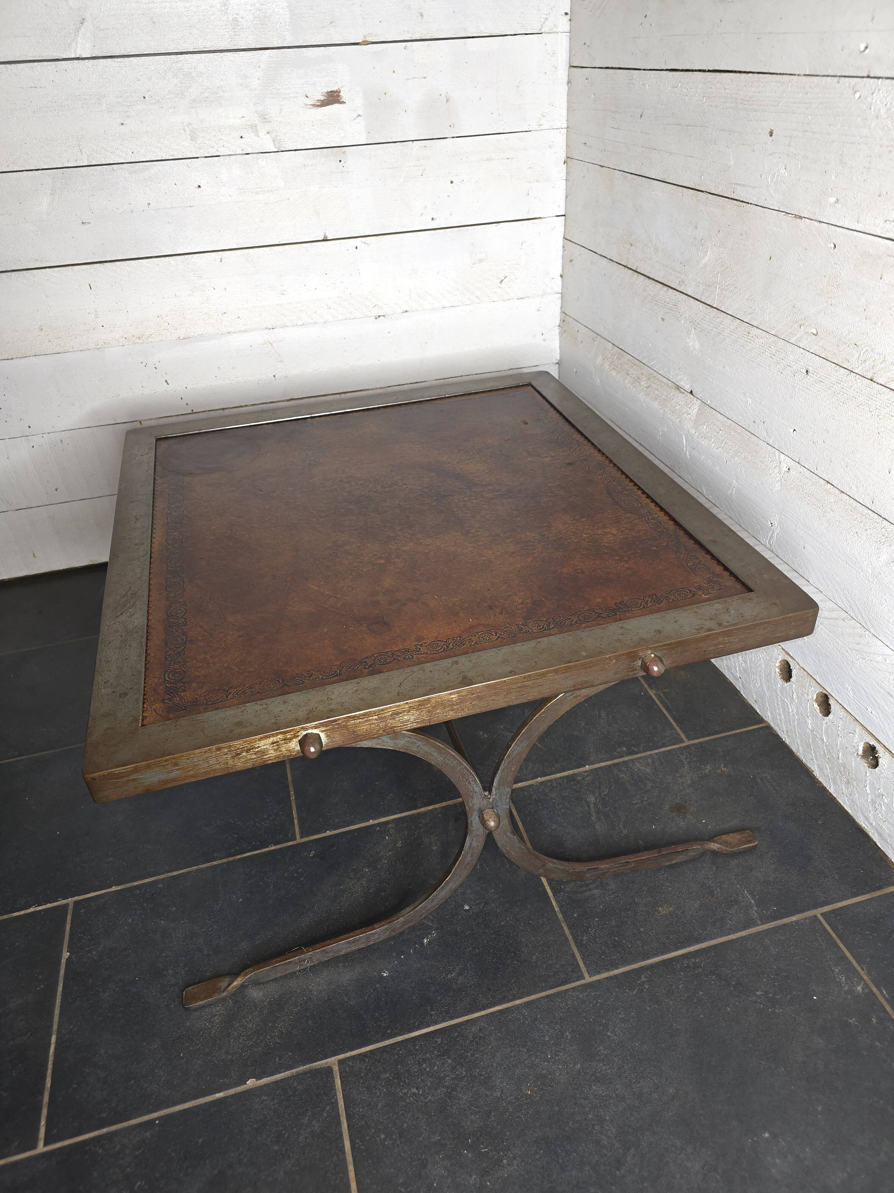 Vintage steel and leather coffee table