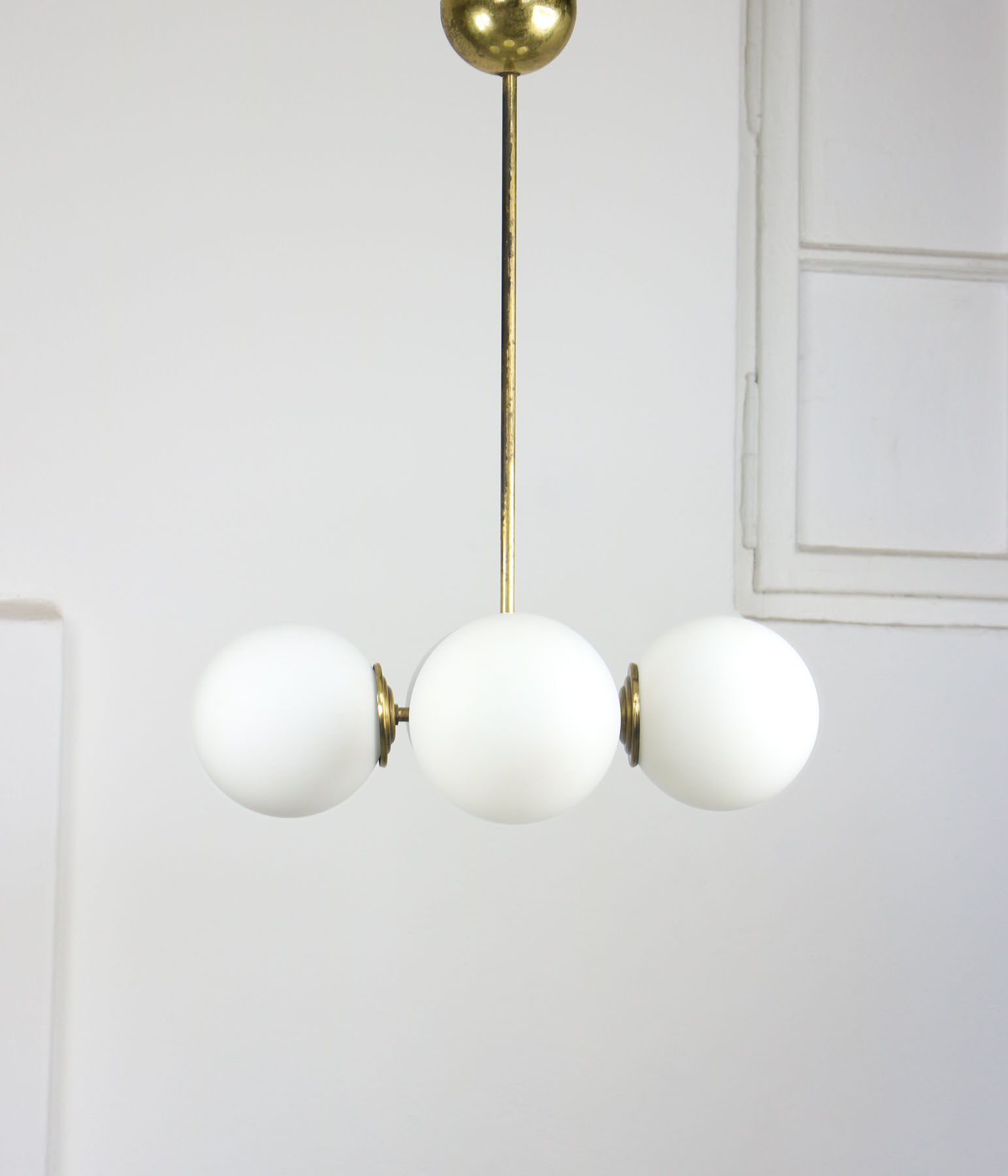 Mid-century Brass and Opaline Chandelier