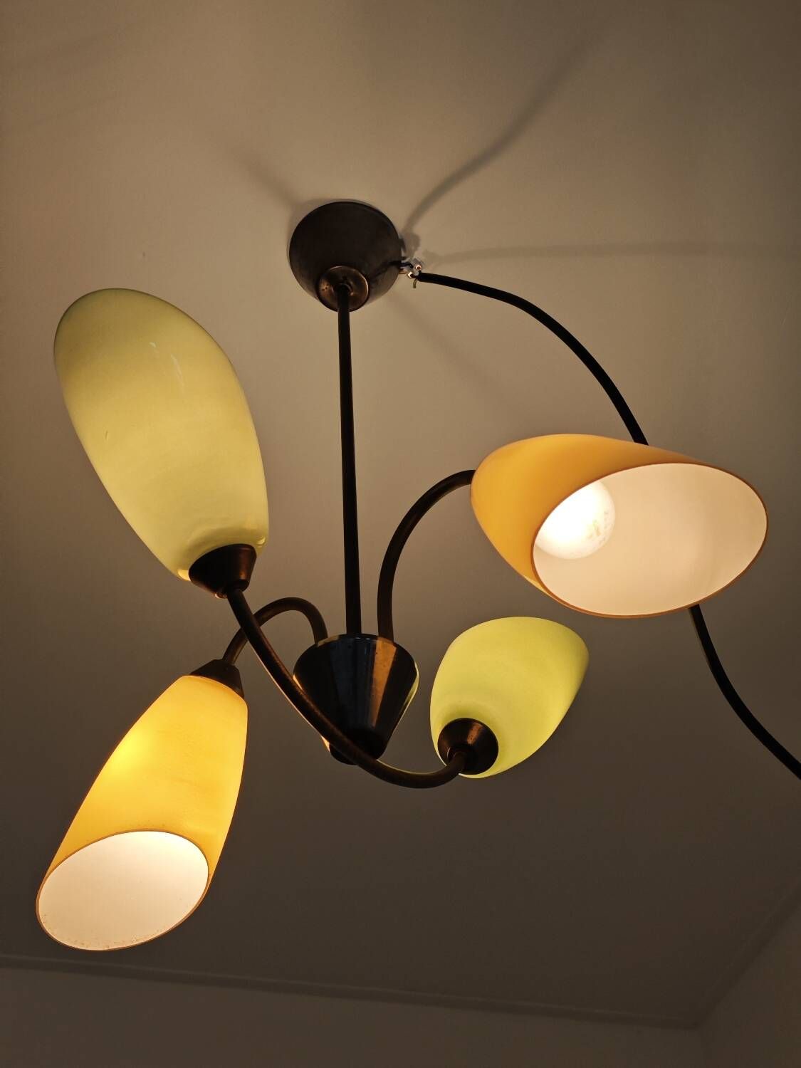 Brass and glass chandelier 4 yellow and green lights from the 60s
