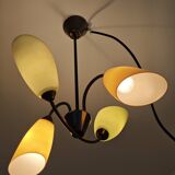 Lustre laiton et verre 4 feux jaune et vert année 60