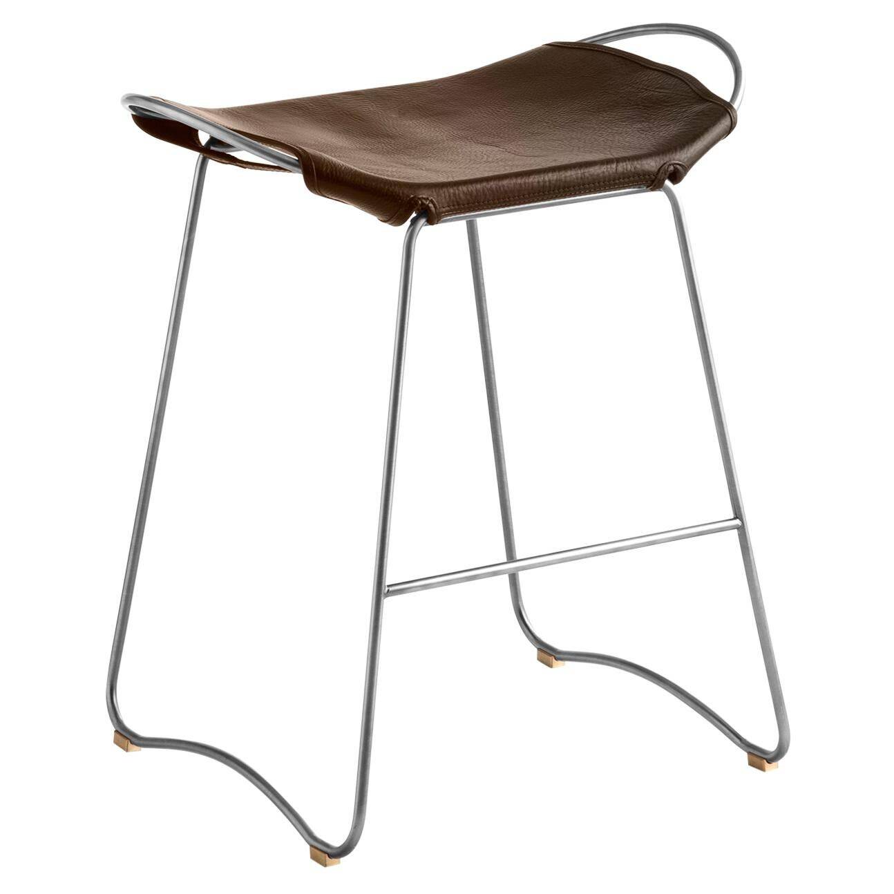 Contemporary Kitchen Counter Stool Old Silver Steel & Dark Brown Leather
