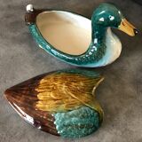 Central soup, dish and lid in polychrome enamelled ceramic, duck shape