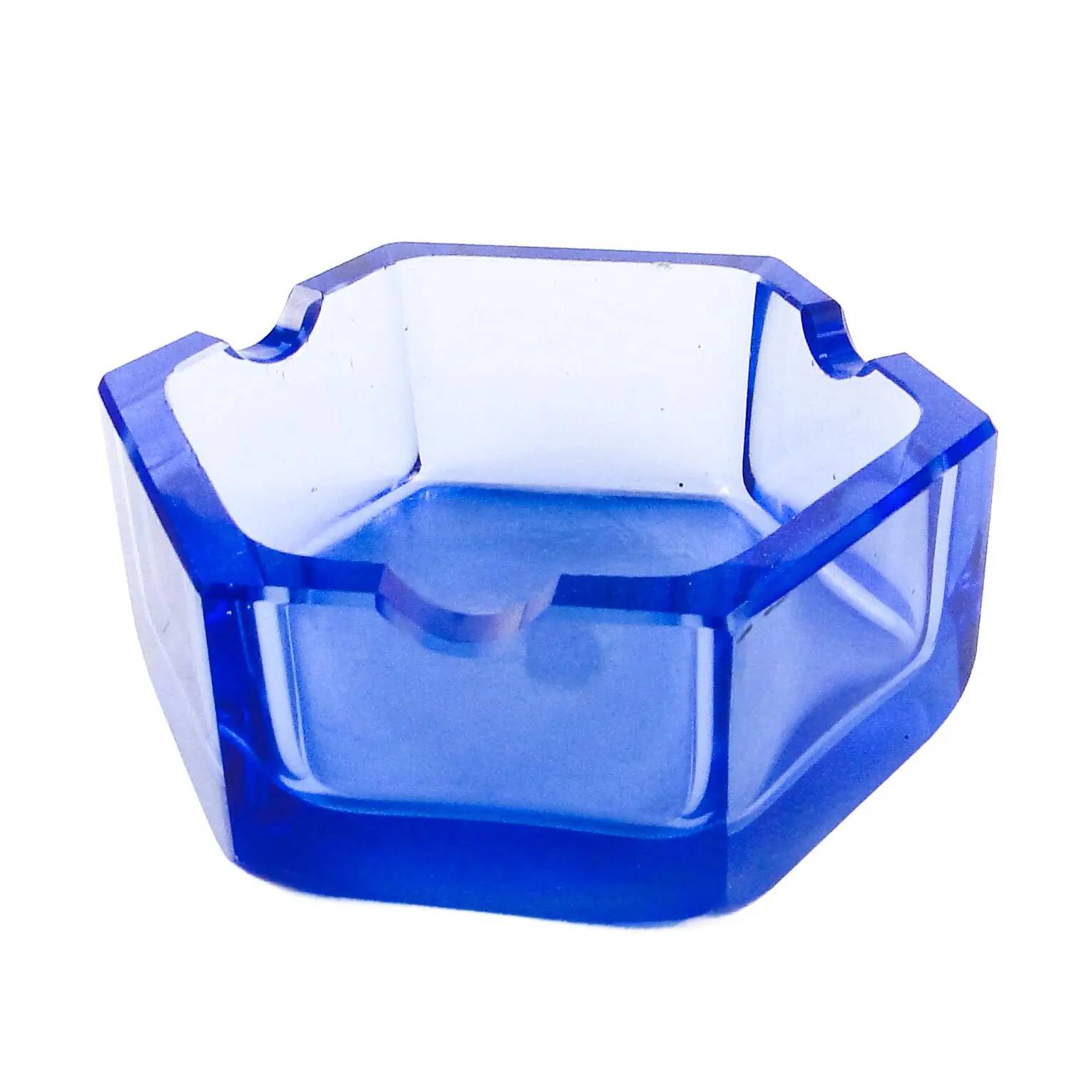 Art Deco ashtray, blue crystal, Bohemia Moser, Czechoslovakia, 1930s