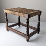 Traditional Spanish rush bench with turned legs, 1940s
