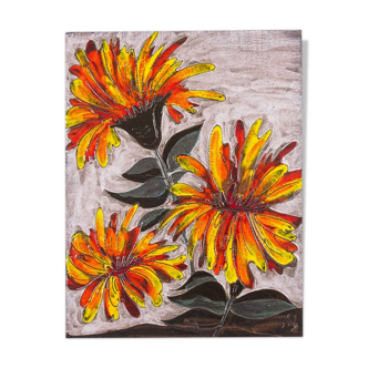 Nature morte aux fleurs vintage peinte à la main glaçure sur céramique de Ruschka années 60