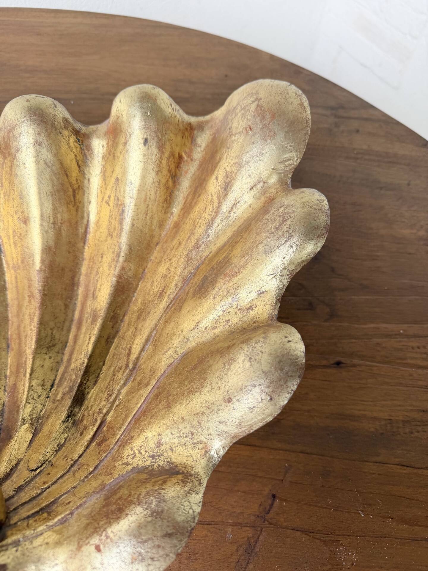 Immense wooden plate 1900 shell with golden patina