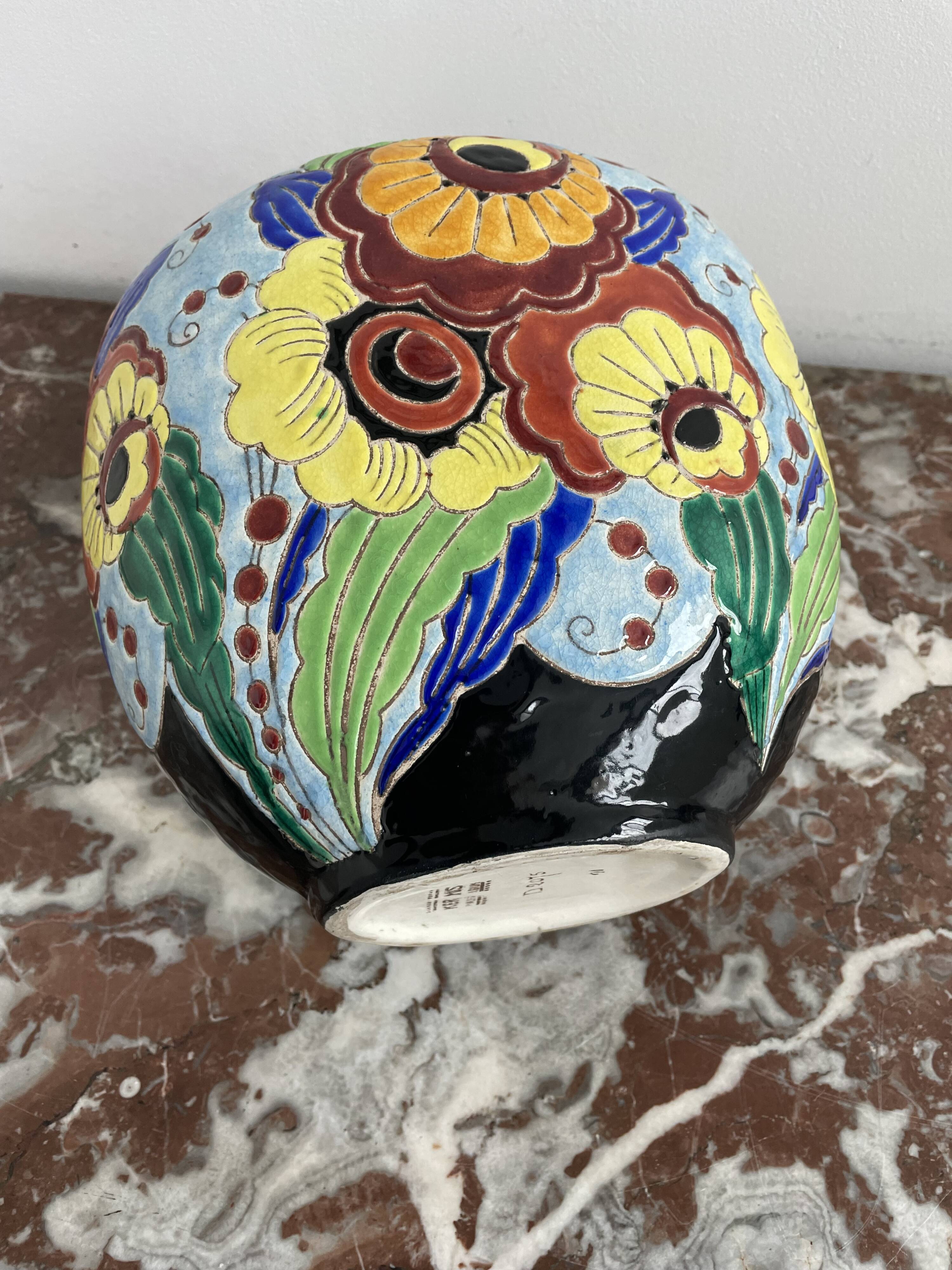 Ovoid vase, charles catteau, keramis, art deco period, fine earthenware, floral enamel decoration, vase col