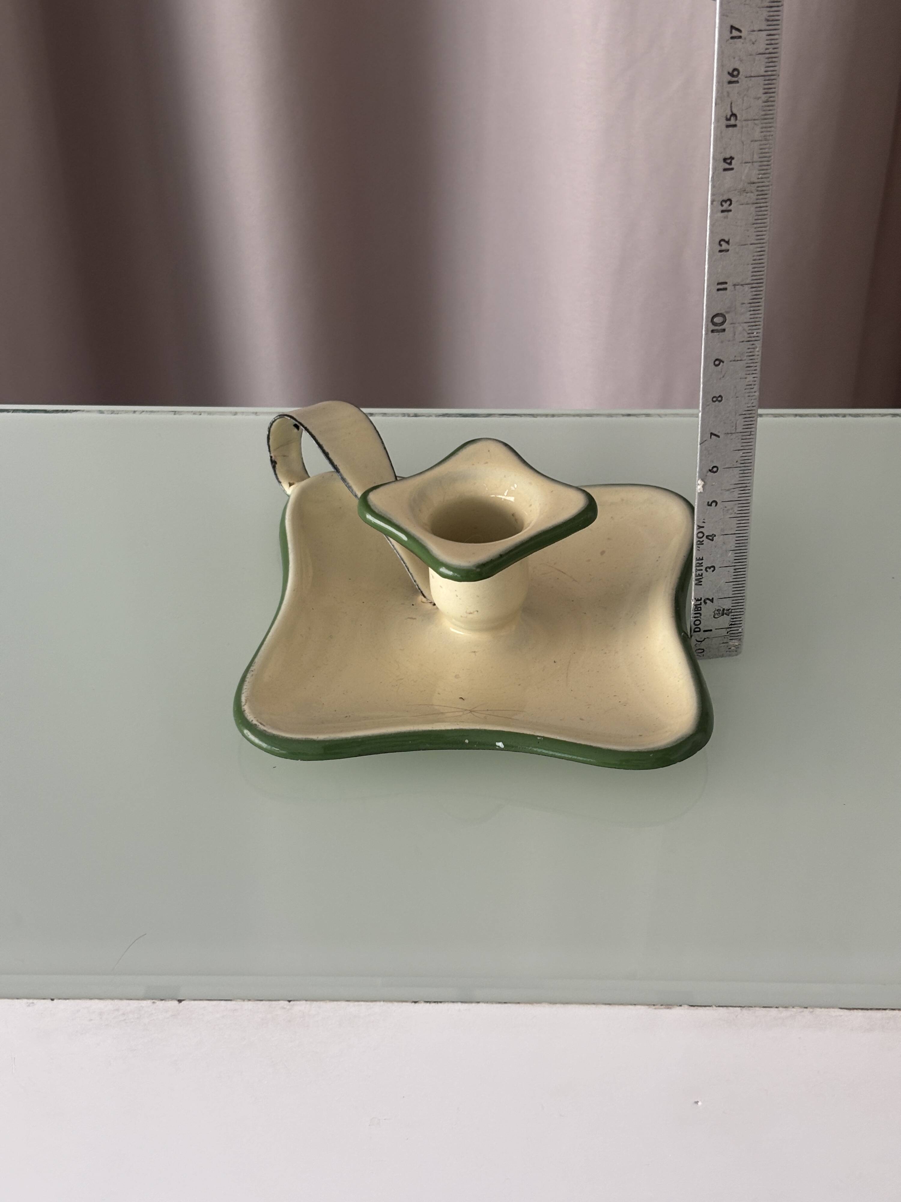Vintage Belgian Enamel Chamberstick Candle Holder – Cream & Green